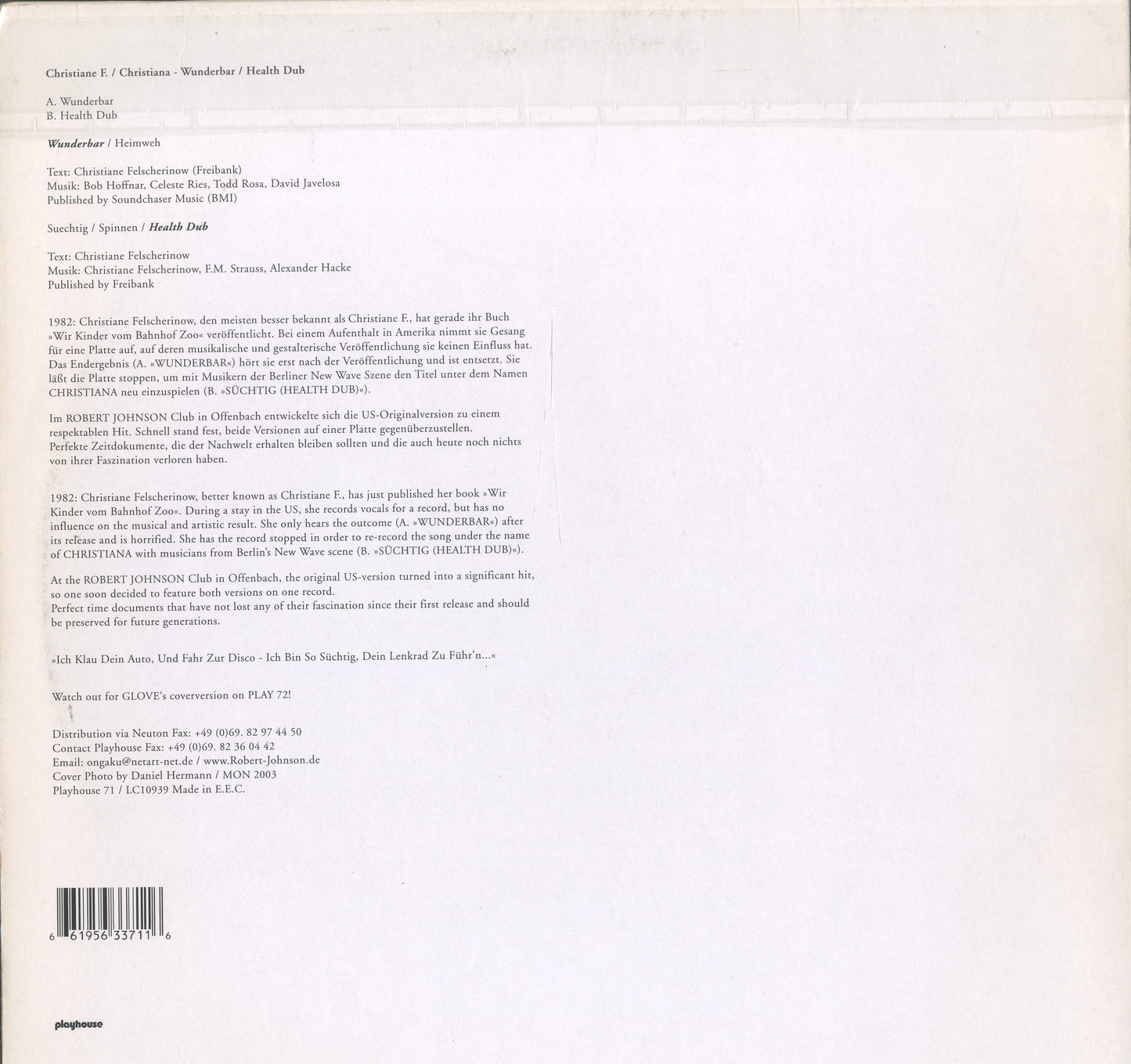 Reverse sleeve of Christiane F. / Christiana’s 12-inch vinyl Wunderbar / Health Dub — Playhouse Records, 2003.