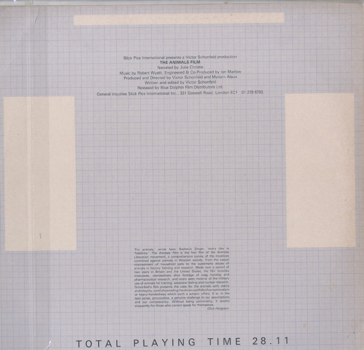 Back cover of Robert Wyatt – The Animals Film vinyl LP, 1982 Italian edition.
