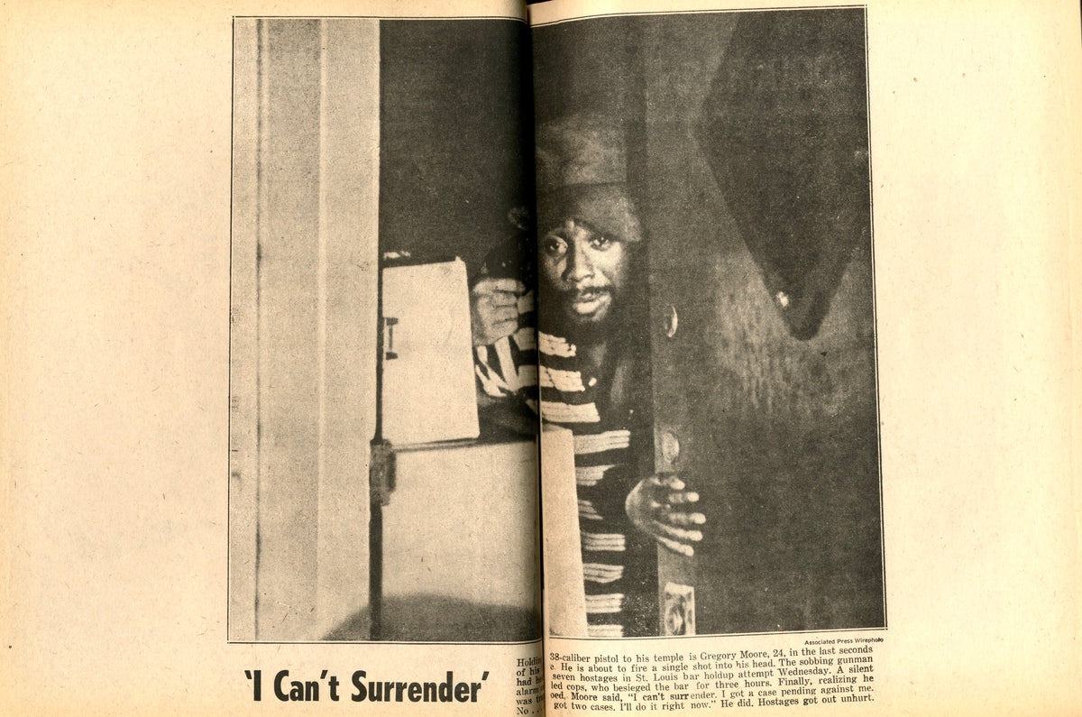 Spread from Art-Rite No. 13 by Alan Suicide: figure half-hidden in a doorway, captioned "I Can't Surrender".