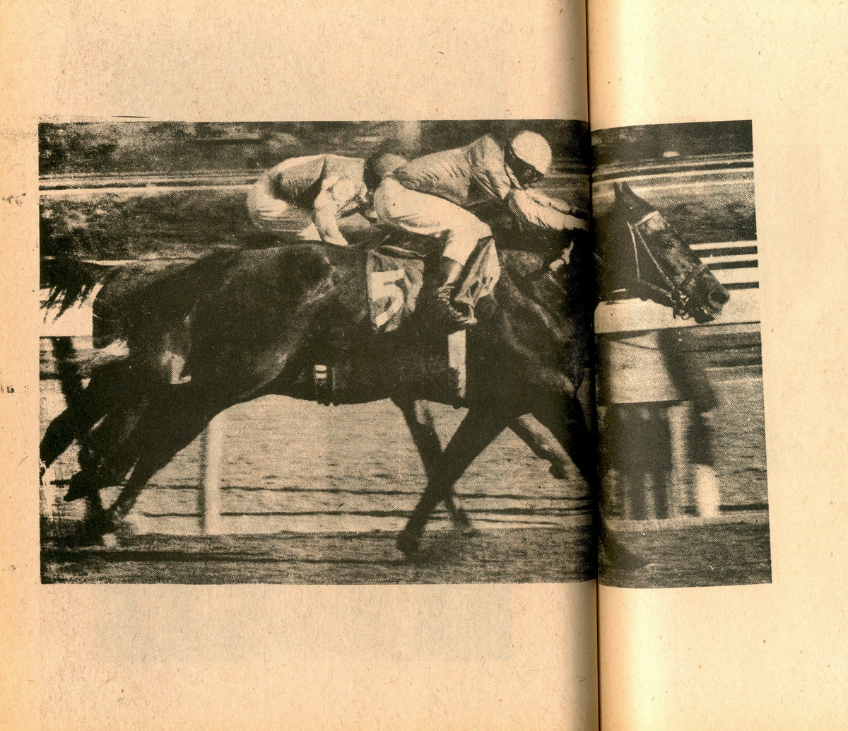 Horse racing spread from Art-Rite No. 13: jockeys driving their horses down the track.