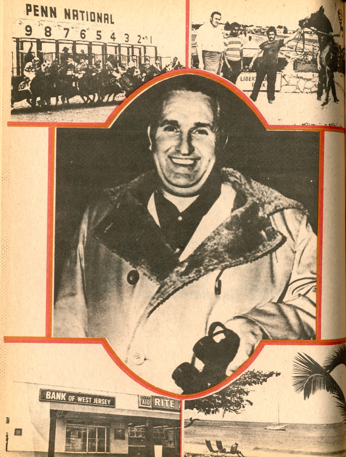 Collage page from Art-Rite No. 13: man in an overcoat framed in red over Penn National racetrack imagery.