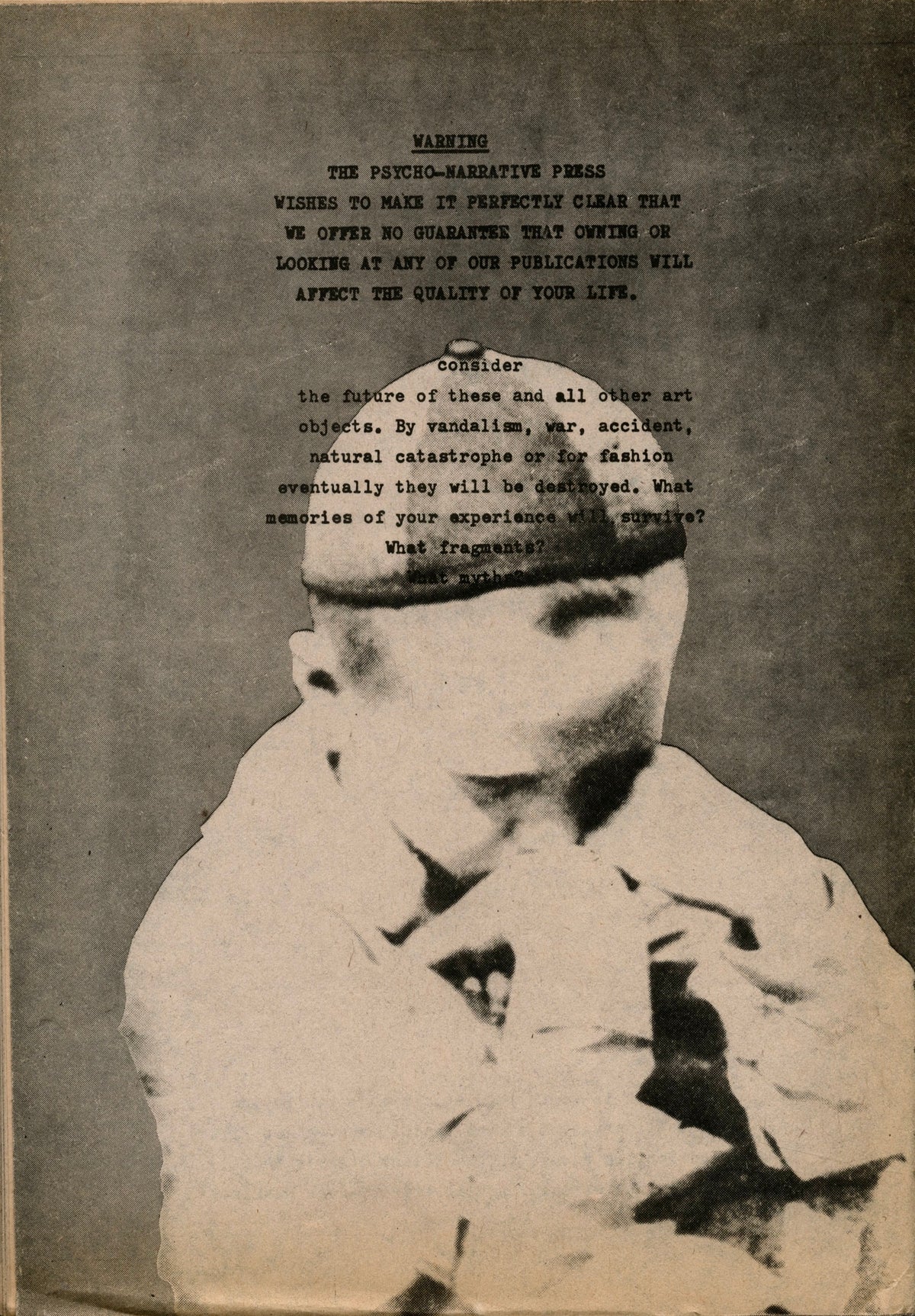Typewritten “Warning” statement from the Psycho-Narrative Press over a photo of a figure with head bowed, Art-Rite No. 14.