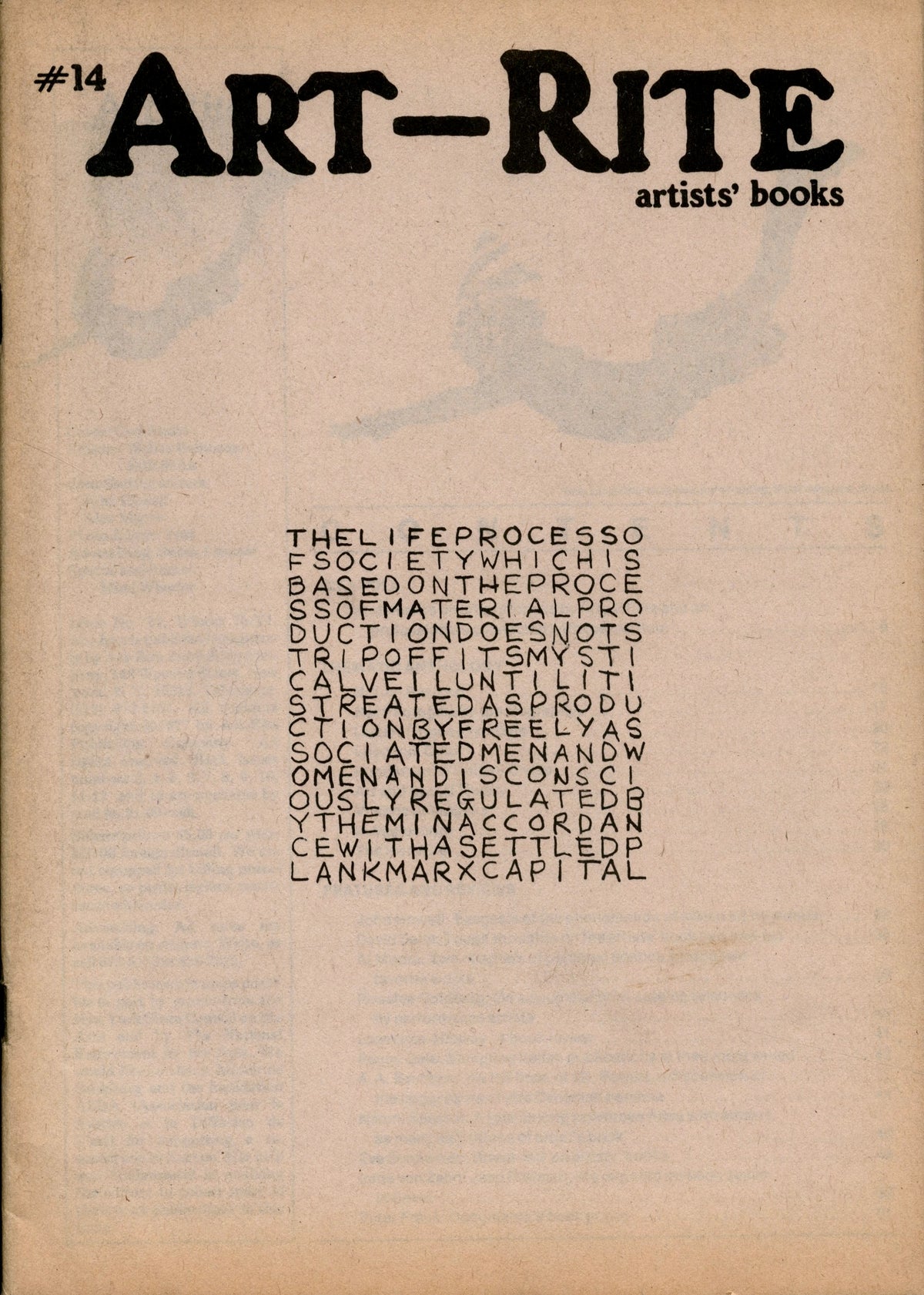 Art-Rite No. 14 artists’ books issue, cover by Carl Andre: a typewritten grid of letters below the masthead.