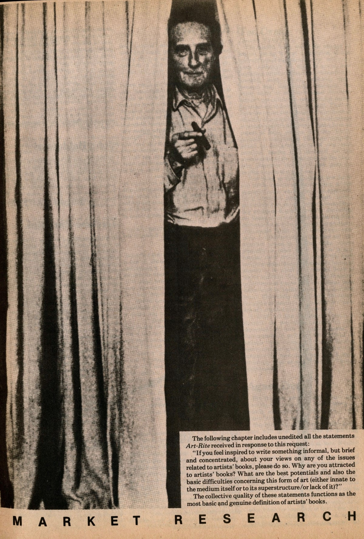 Man peering through parted curtains, page captioned “Market Research,” Art-Rite No. 14, 1976–77.