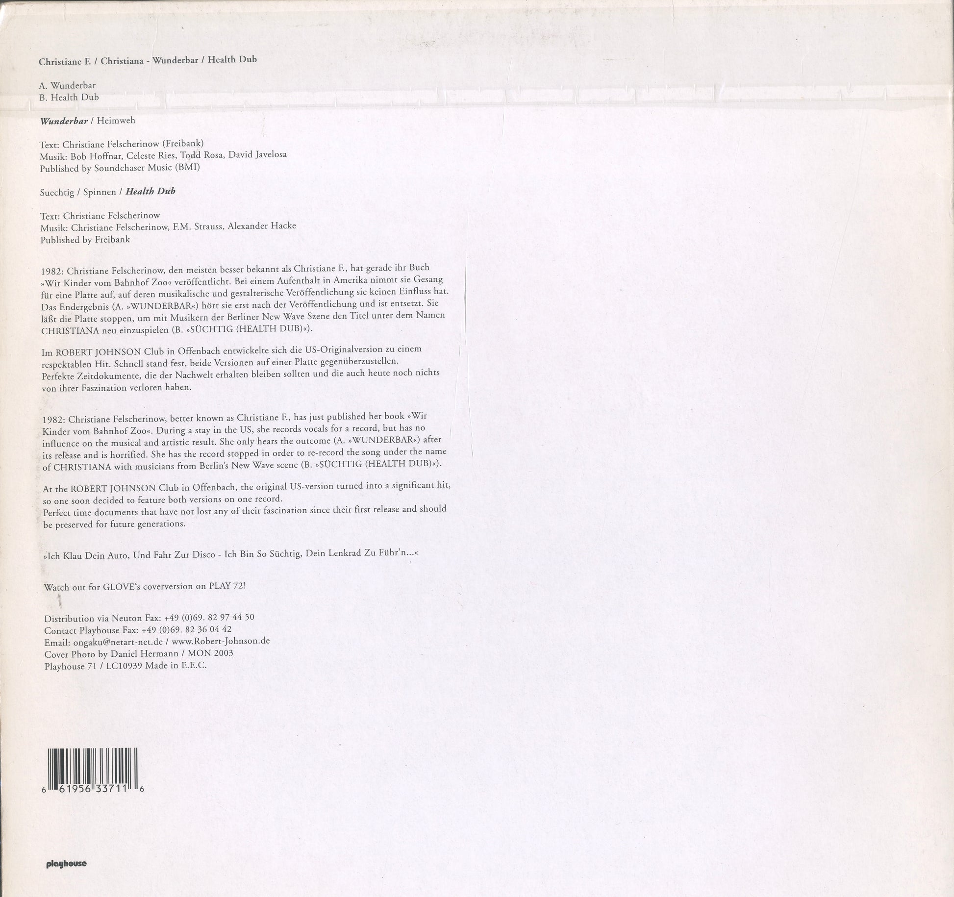 Reverse sleeve of Christiane F. / Christiana’s 12-inch vinyl Wunderbar / Health Dub — Playhouse Records, 2003.