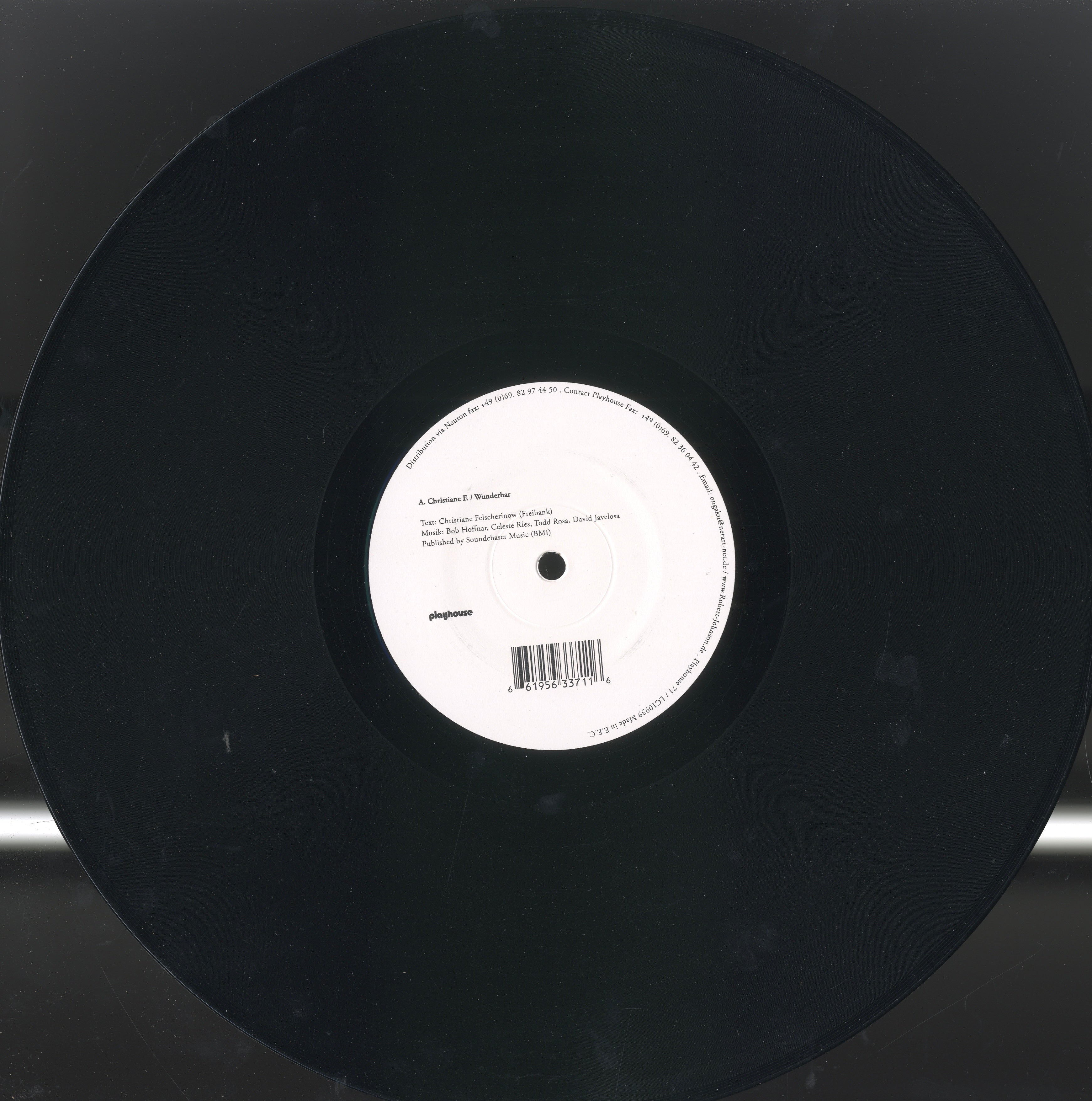 Close-up detail from the 12-inch vinyl Wunderbar / Health Dub — Christiane F.’s voice suspended in plastic and light.