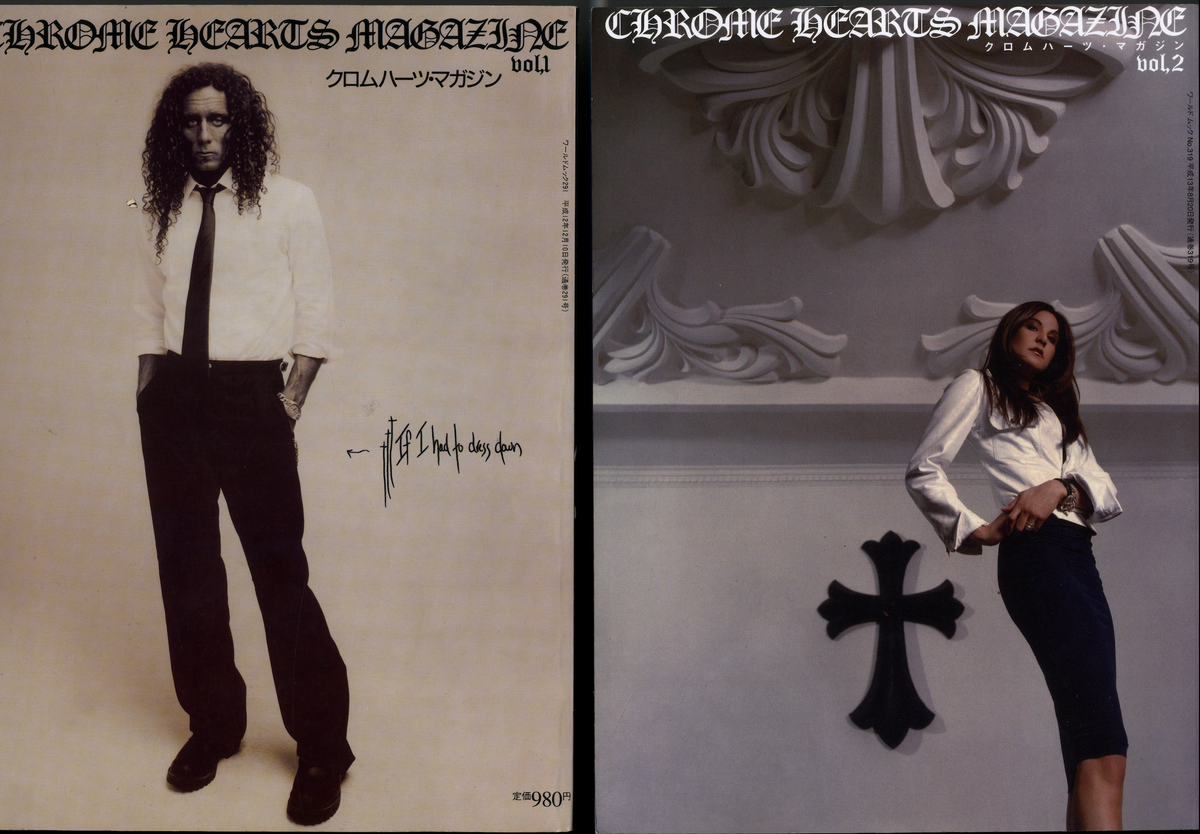 Covers of Chrome Hearts Magazine Vol. 1 and Vol. 2, black-and-white portraits under the gothic masthead.