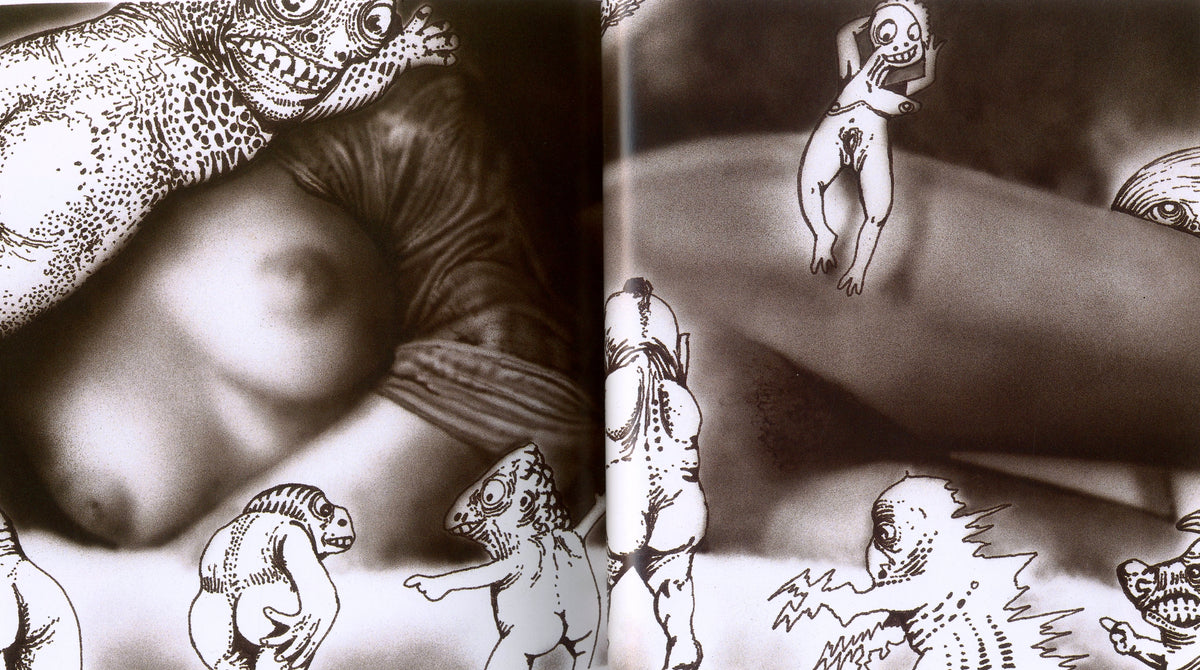 Sepia close-up of a nude figure beside baroque engraved illustrations, spread from Chrome Hearts Magazine Vol. 1.