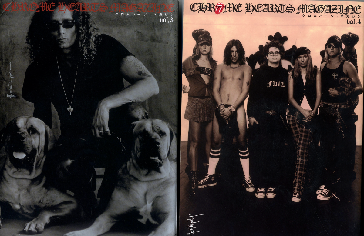 Covers of Chrome Hearts Magazine Vol. 3 and Vol. 4, group portraits in black and white.