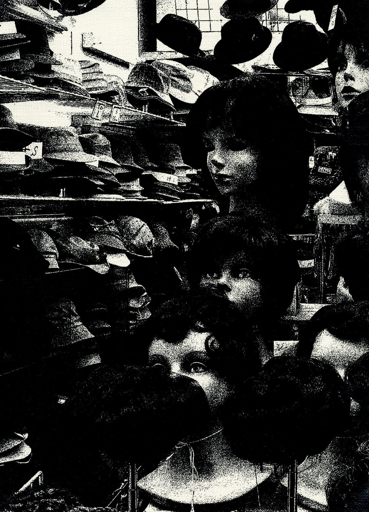 Rows of mannequin heads wearing wigs and hats in a shop, high-contrast plate from Plastic Love.