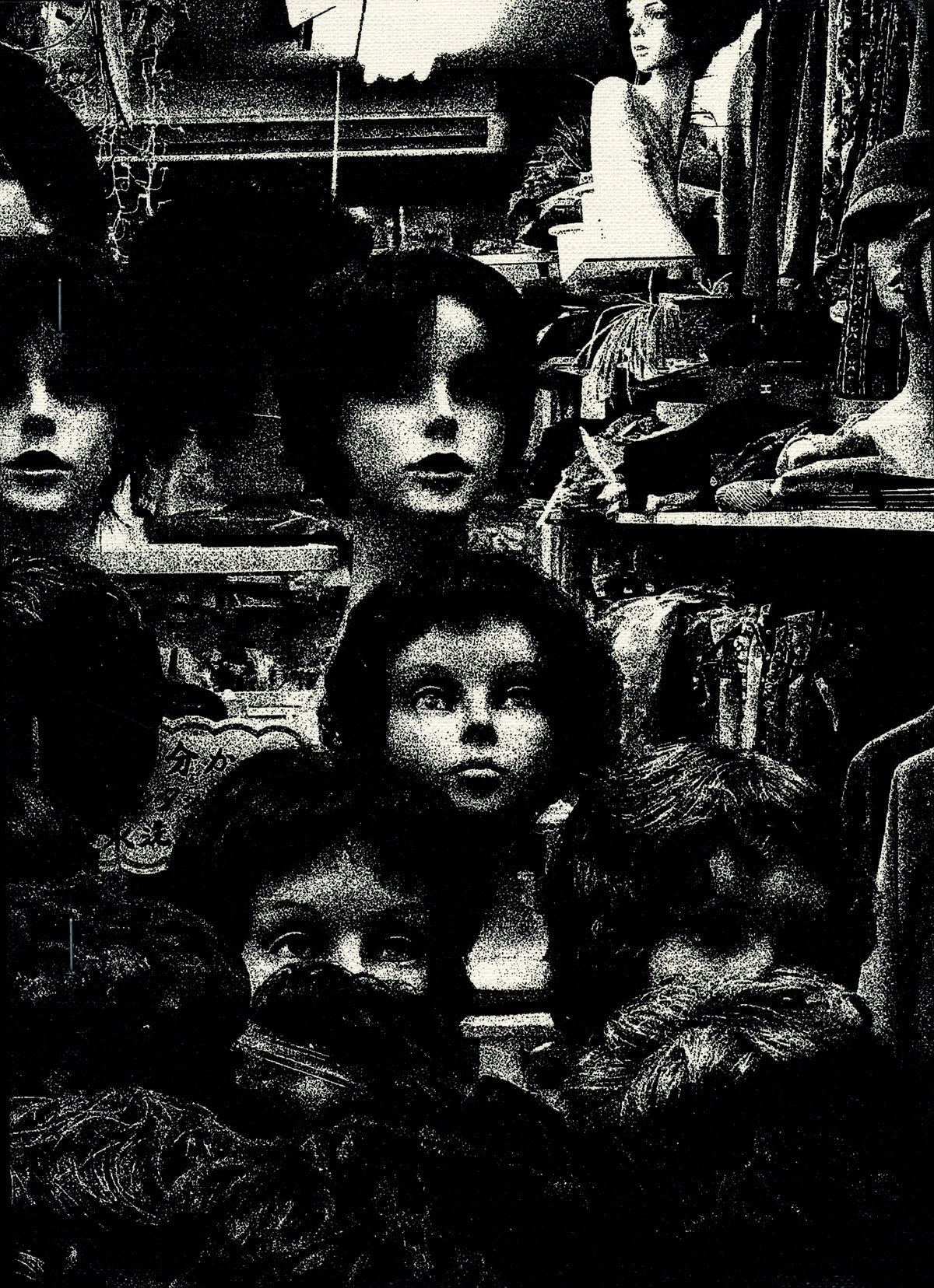 Plastic Love by Daido Moriyama, 2020: high-contrast image of mannequin heads with wigs crowded in a shop display.