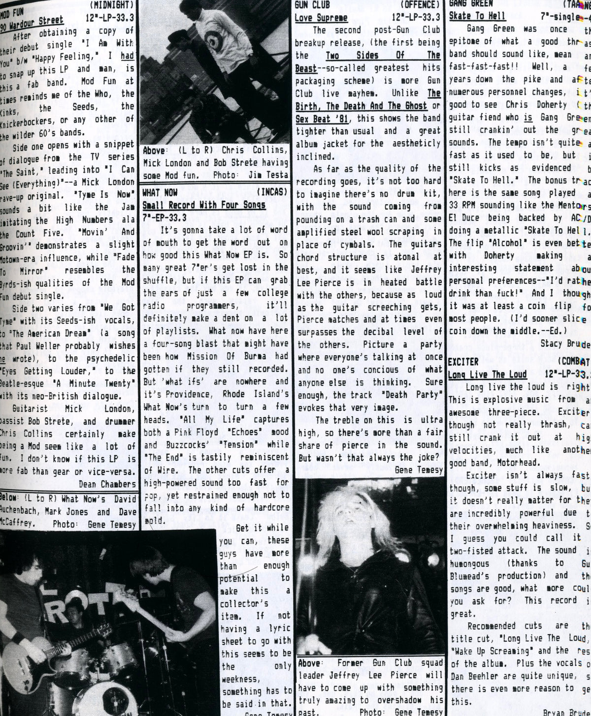 Typewritten columns and live concert photographs from Dangerous Rhythms No. 6, 1985.