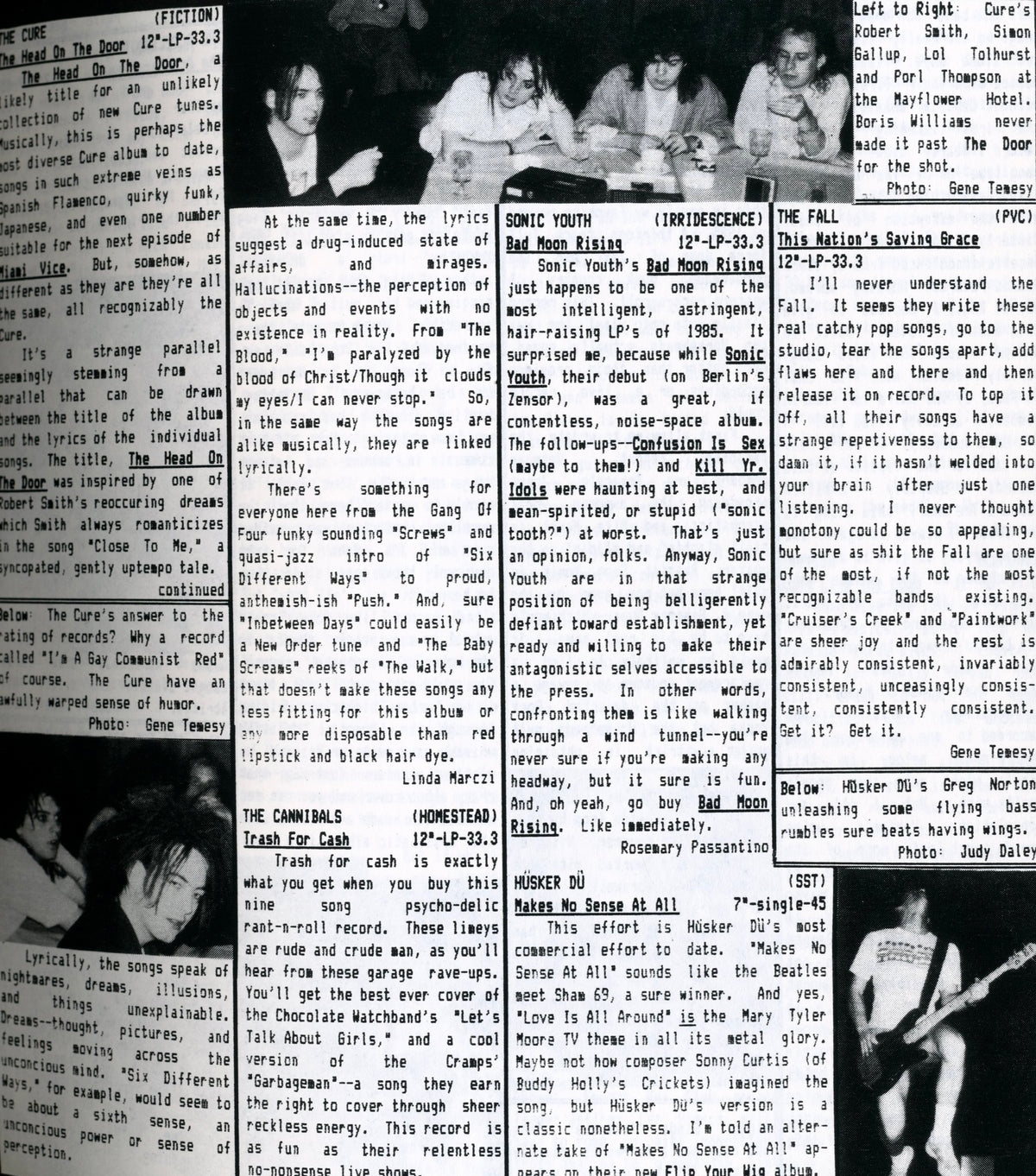 Page from Dangerous Rhythms No. 6 with band photographs and typed reviews.