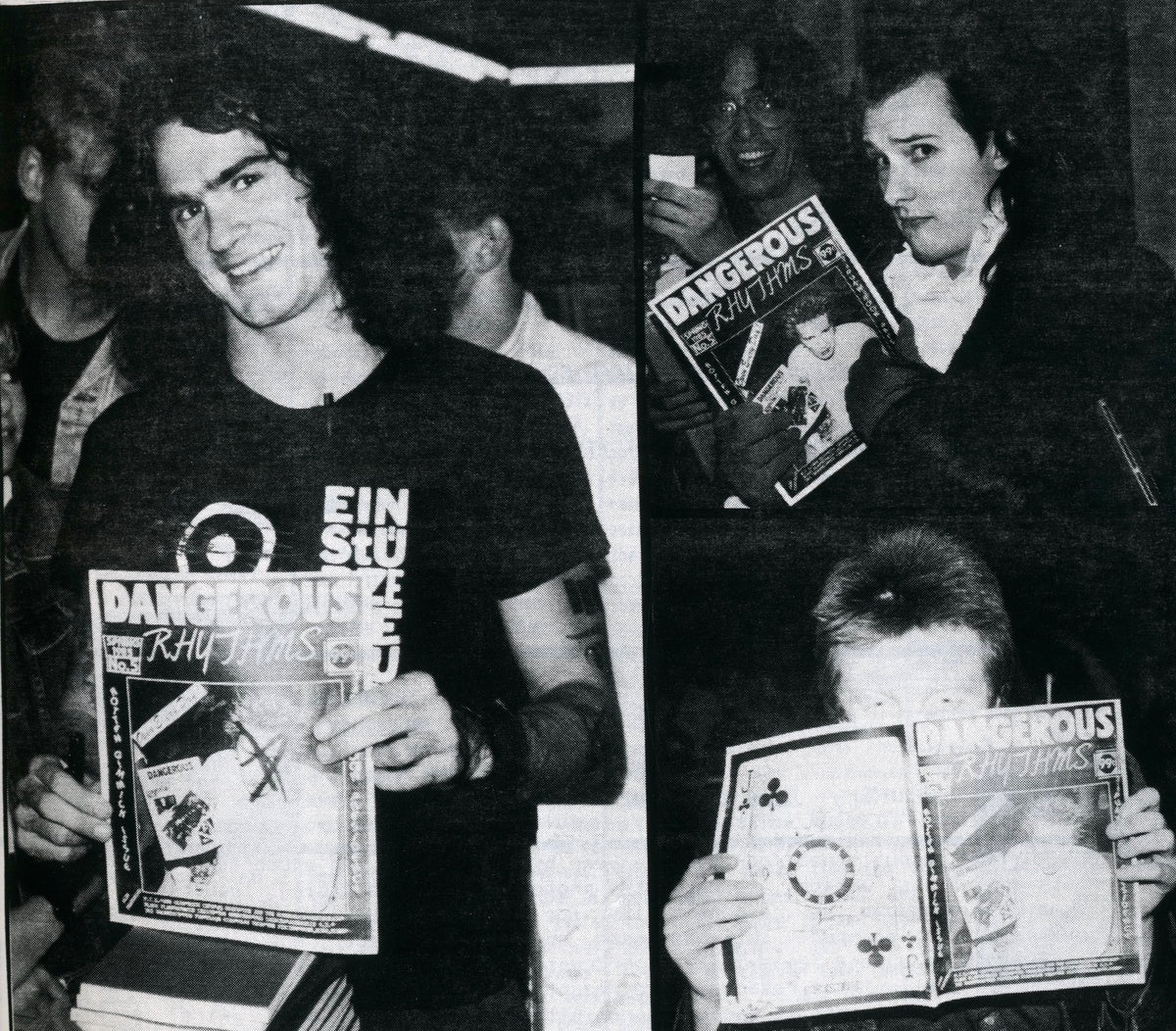Photo collage from Dangerous Rhythms No. 6 of fans and musicians holding copies of the fanzine.