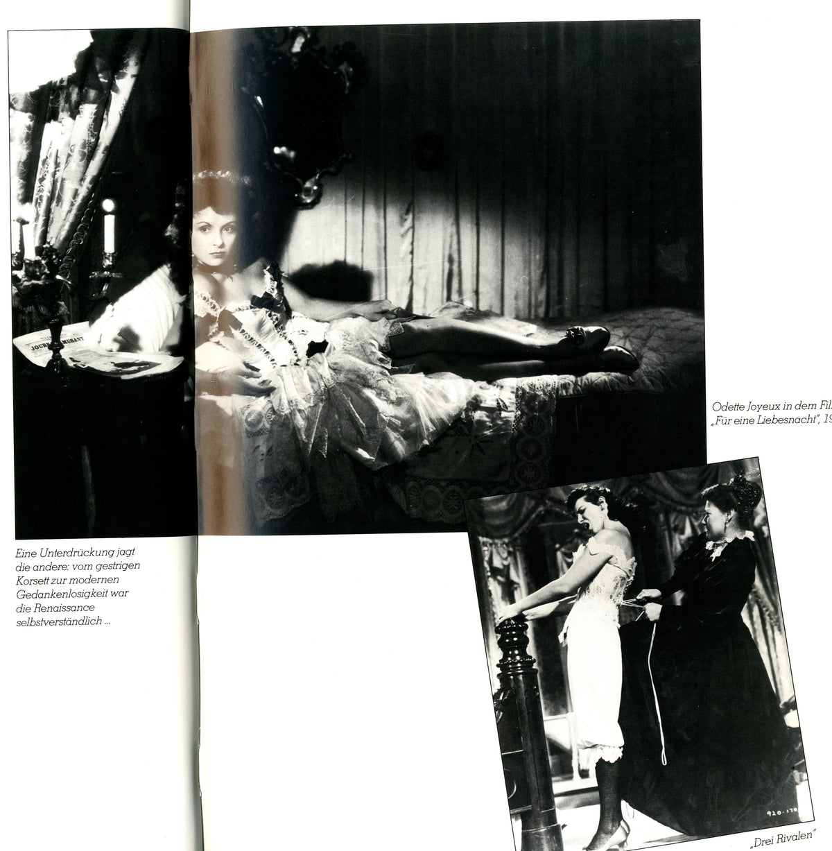 Spread with a woman reclining in lingerie and a period photo of a corseted figure, Drunter & Drüber.