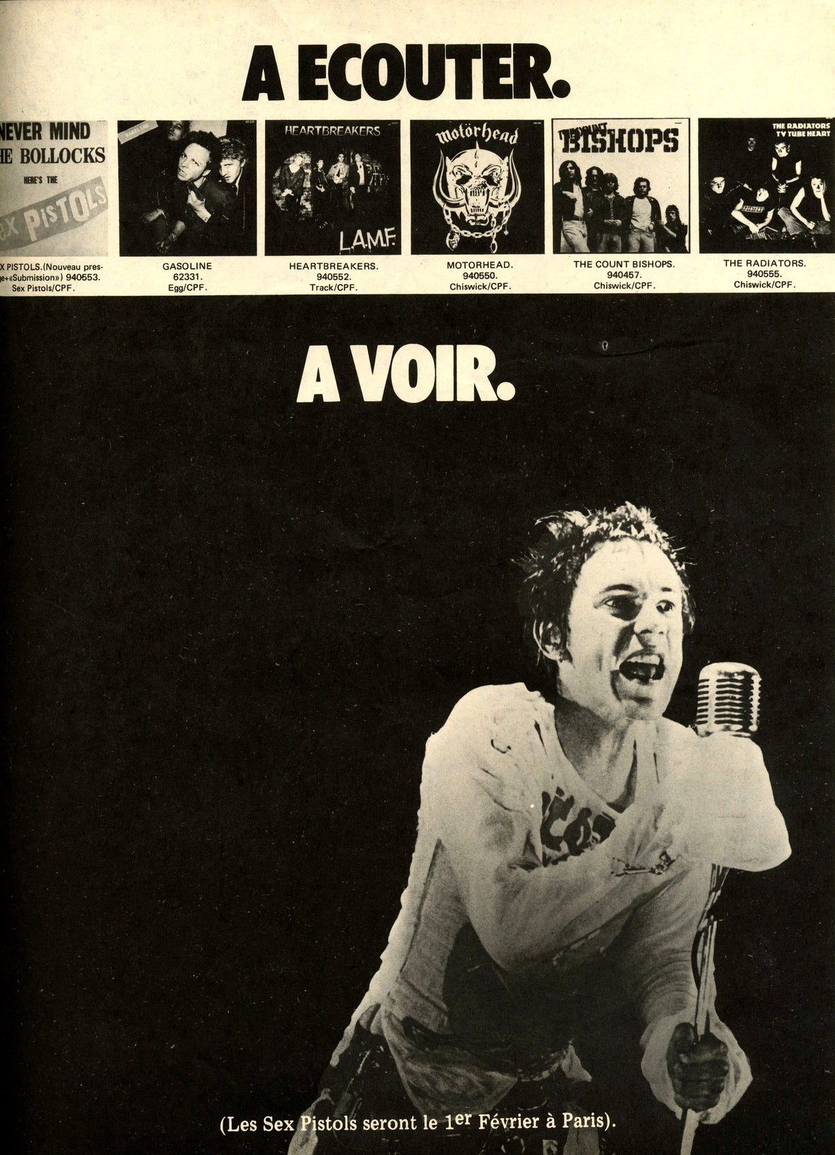 "À écouter, à voir" page from Façade No. 5 with record covers and a punk singer on stage.