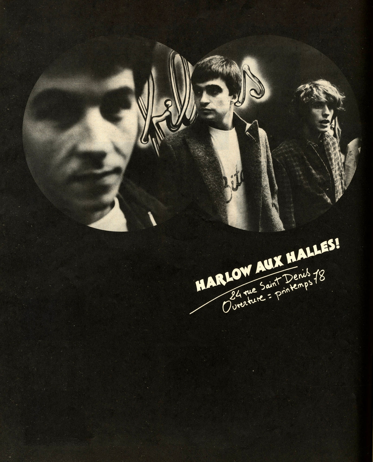 Black-and-white portrait of three young men with handwritten caption, page from Façade No. 5.