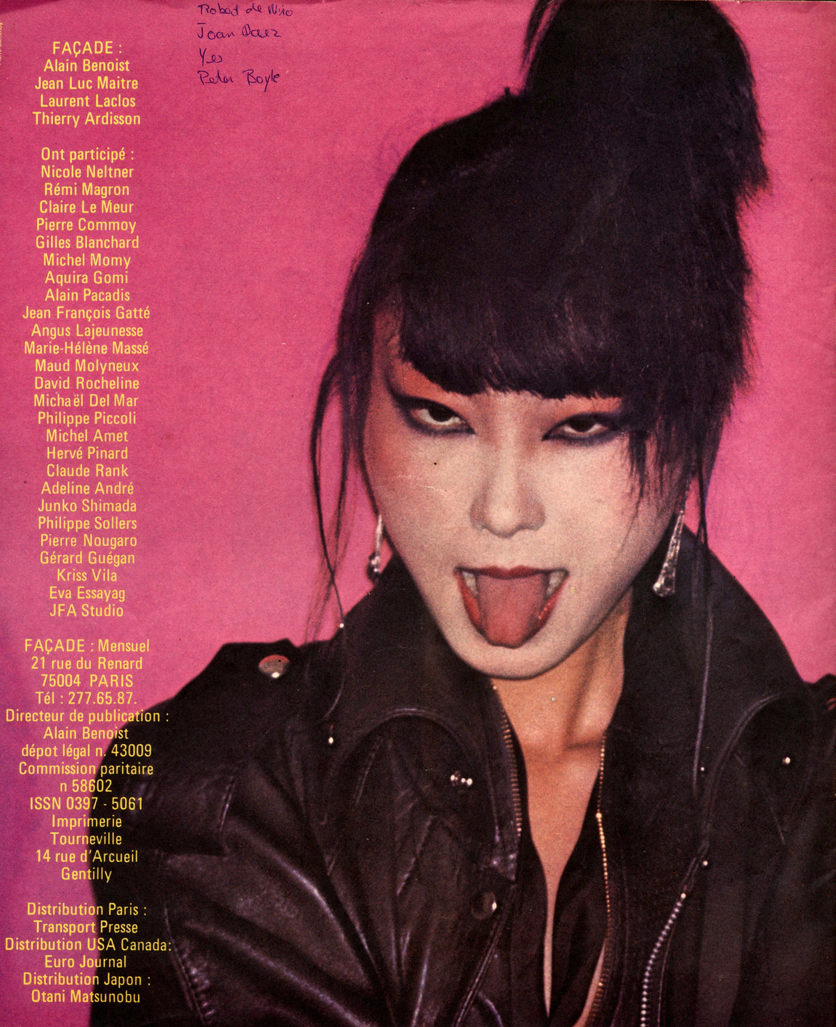Model Sayoko Yamaguchi with tongue out on a pink page beside the masthead credits, Façade No. 5.