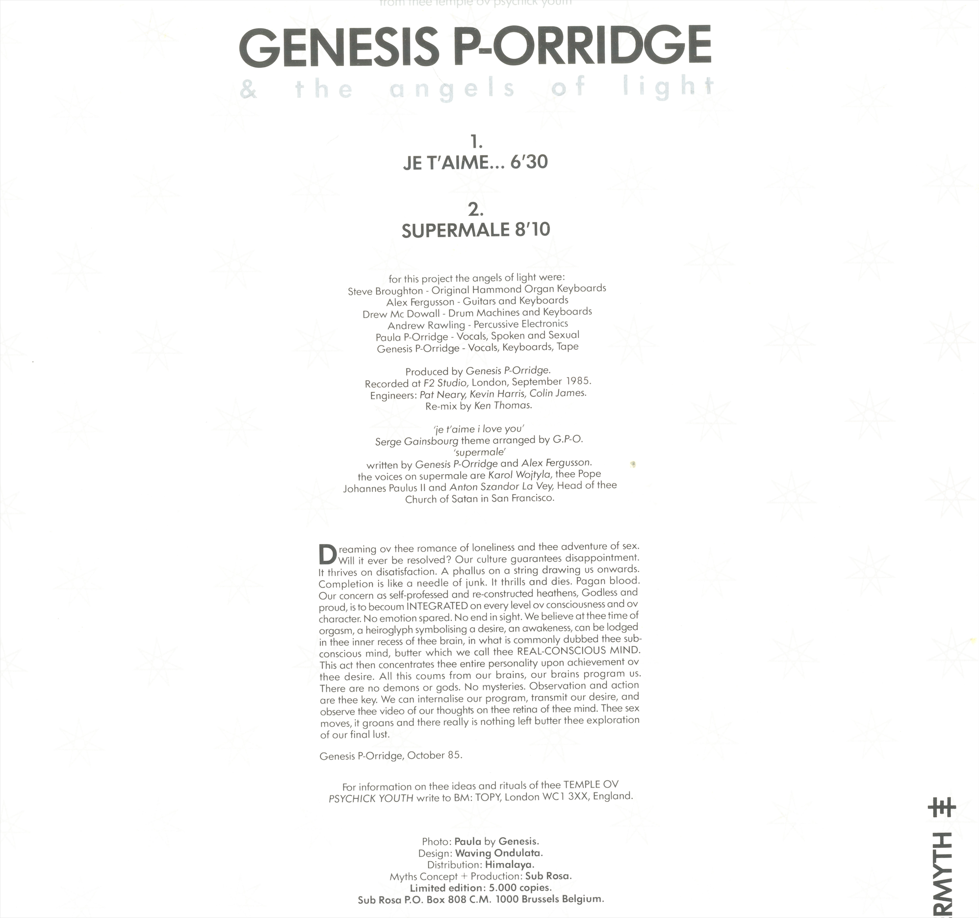 Genesis P-Orridge Je T’Aime Sub Rosa reverse sleeve black and silver printed back cover