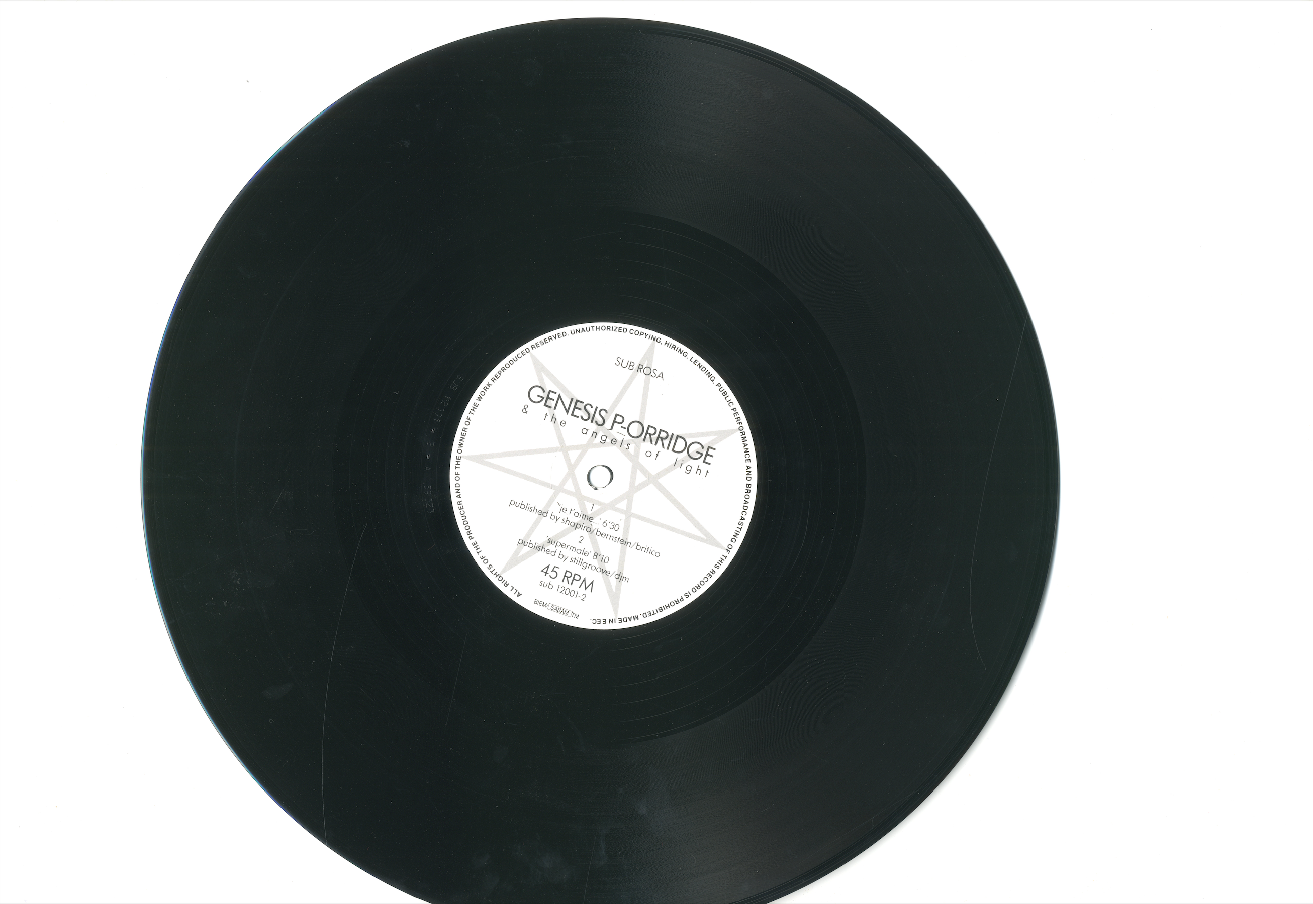 Genesis P-Orridge Je T’Aime 12 inch vinyl test pressing label A Sub Rosa