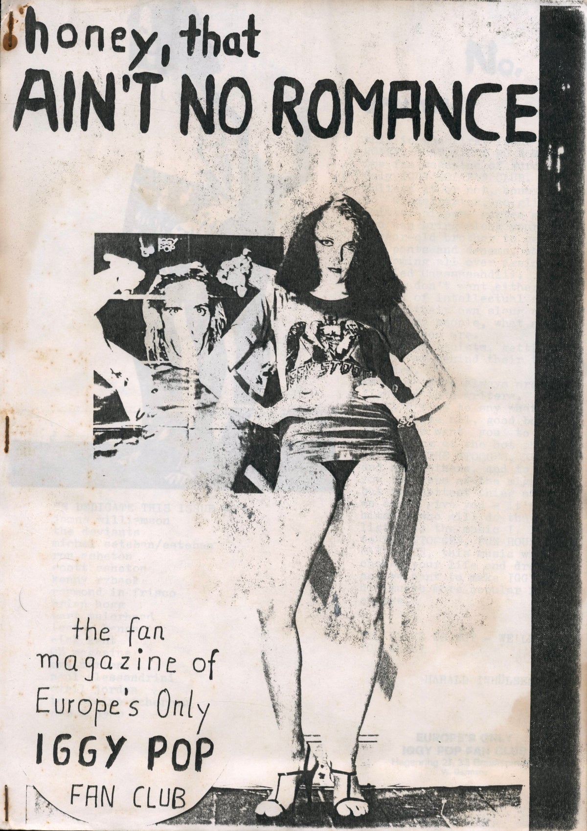 Honey, That Ain't No Romance No. 1 (1976) cover, the fan magazine of Europe's Only Iggy Pop Fan Club, collage of a woman posing over a photo of Iggy.