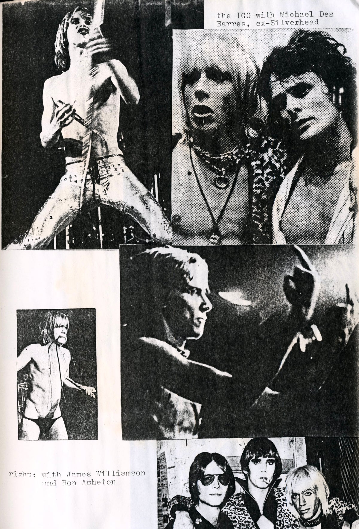 Photo collage page of Iggy Pop portraits and live shots from Honey That Ain't No Romance No. 1, 1976.