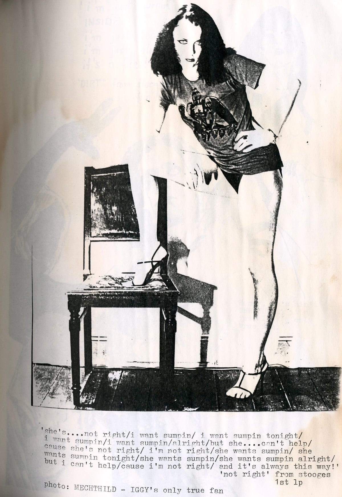Photocopied page from Honey That Ain't No Romance No. 1: woman posing on a table in heels, 1976.