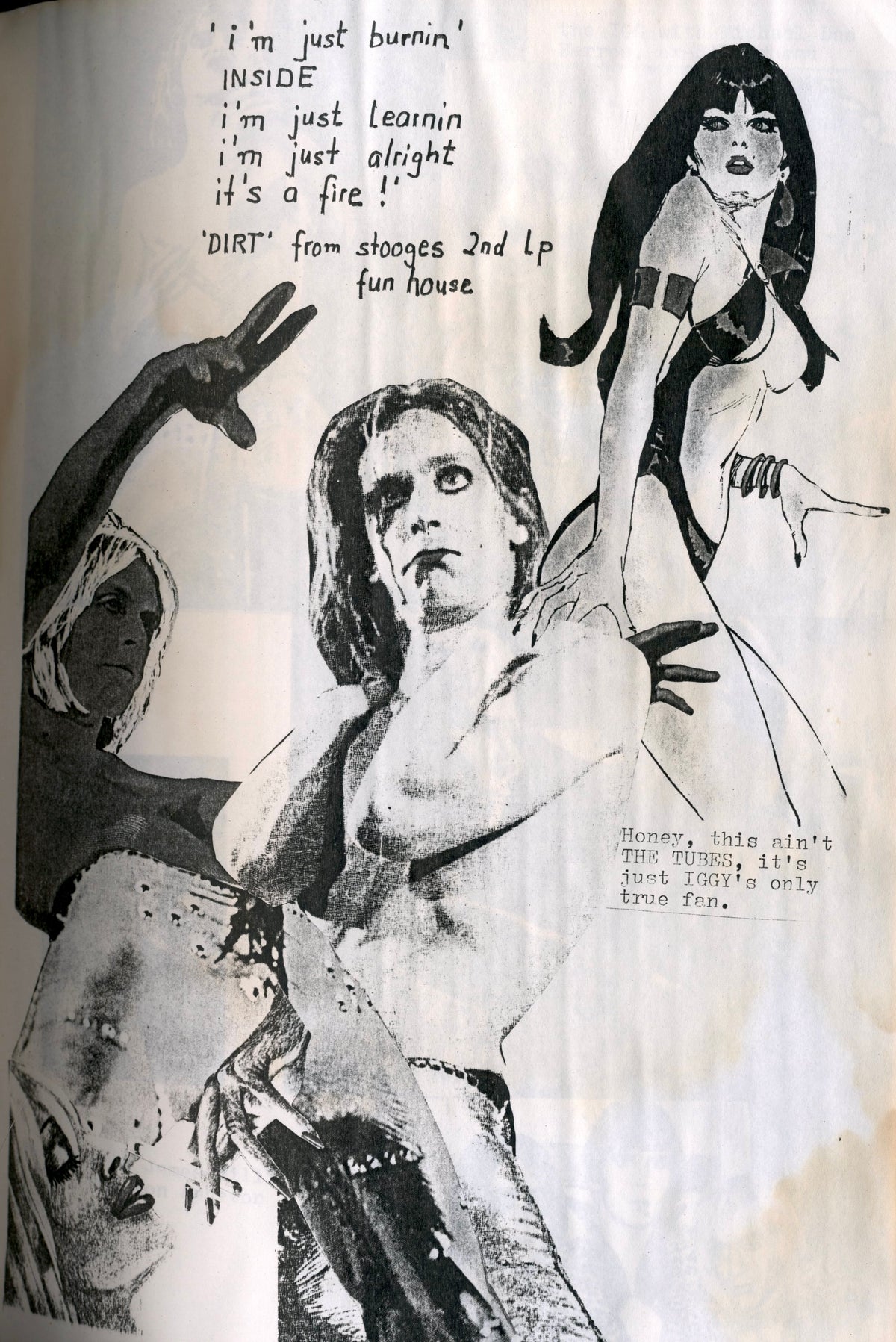 Iggy Pop shirtless with arms raised beside handwritten captions, page from Honey That Ain't No Romance No. 1.