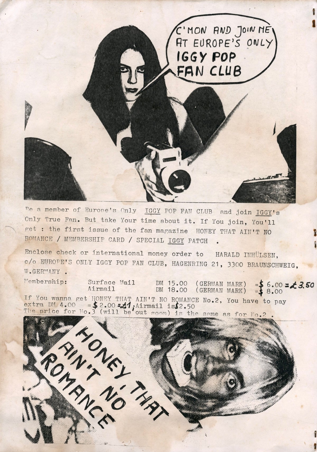 Membership page of Europe's Only Iggy Pop Fan Club, Braunschweig, from Honey That Ain't No Romance No. 1.