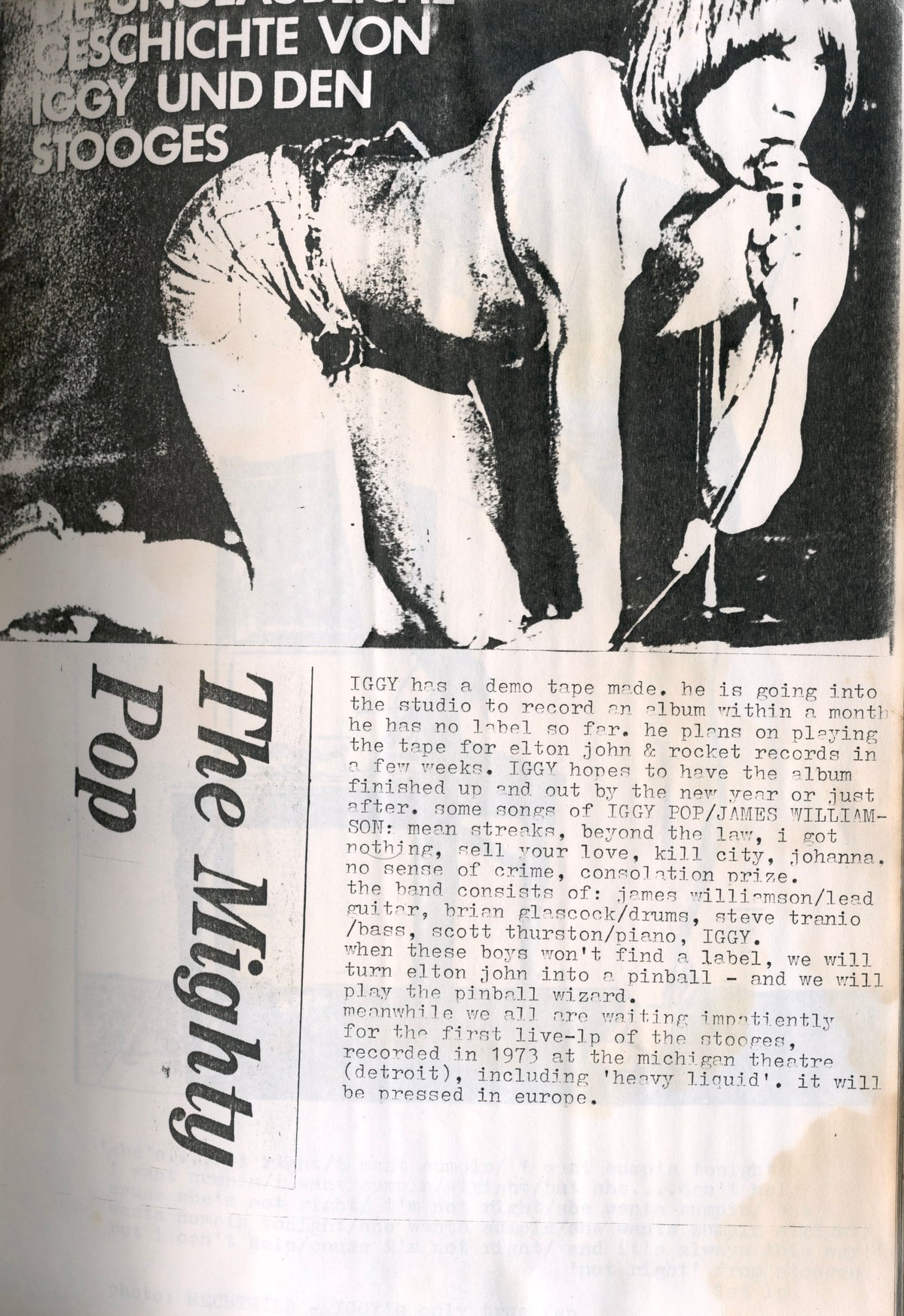 "Geschichte von Iggy und den Stooges / The Mighty Pop" history page in German from Honey That Ain't No Romance No. 1.