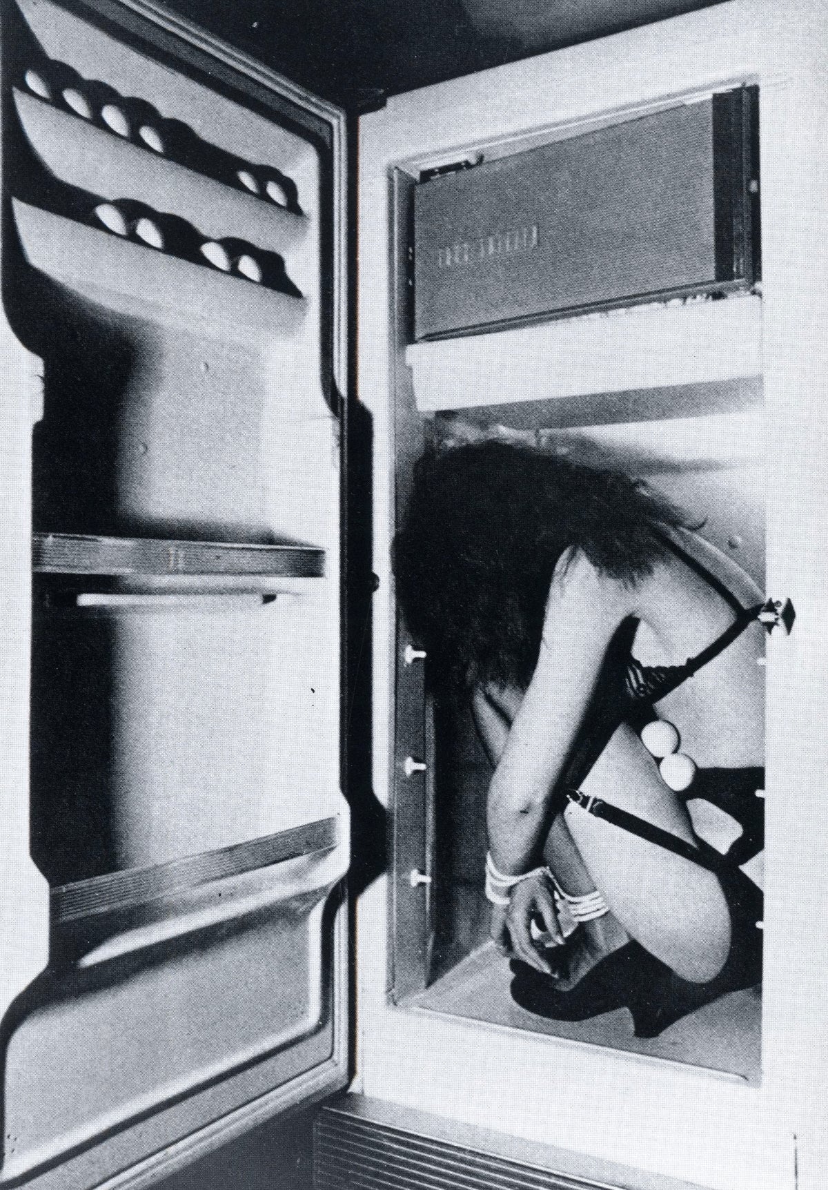 Photograph from Submission: figure curled inside an open refrigerator, shelves removed, door swung wide.