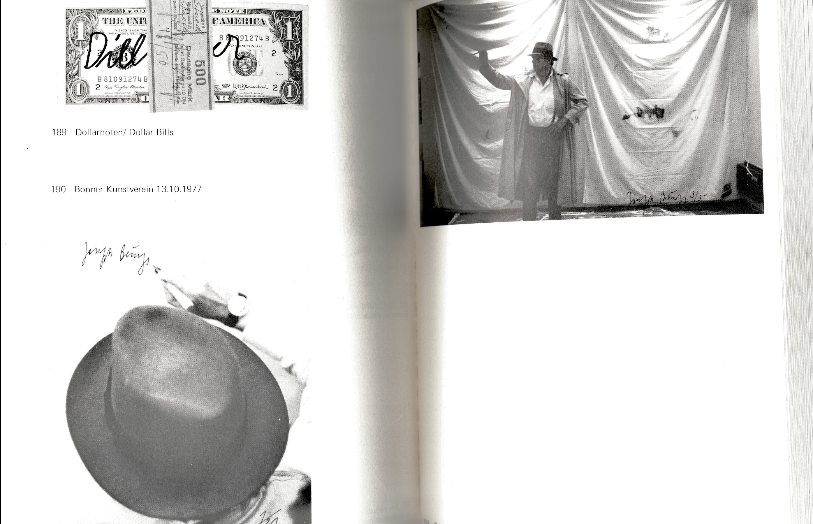 Spread documenting early Beuys multiples from the late 1960s with black-and-white reproductions and bilingual entries.