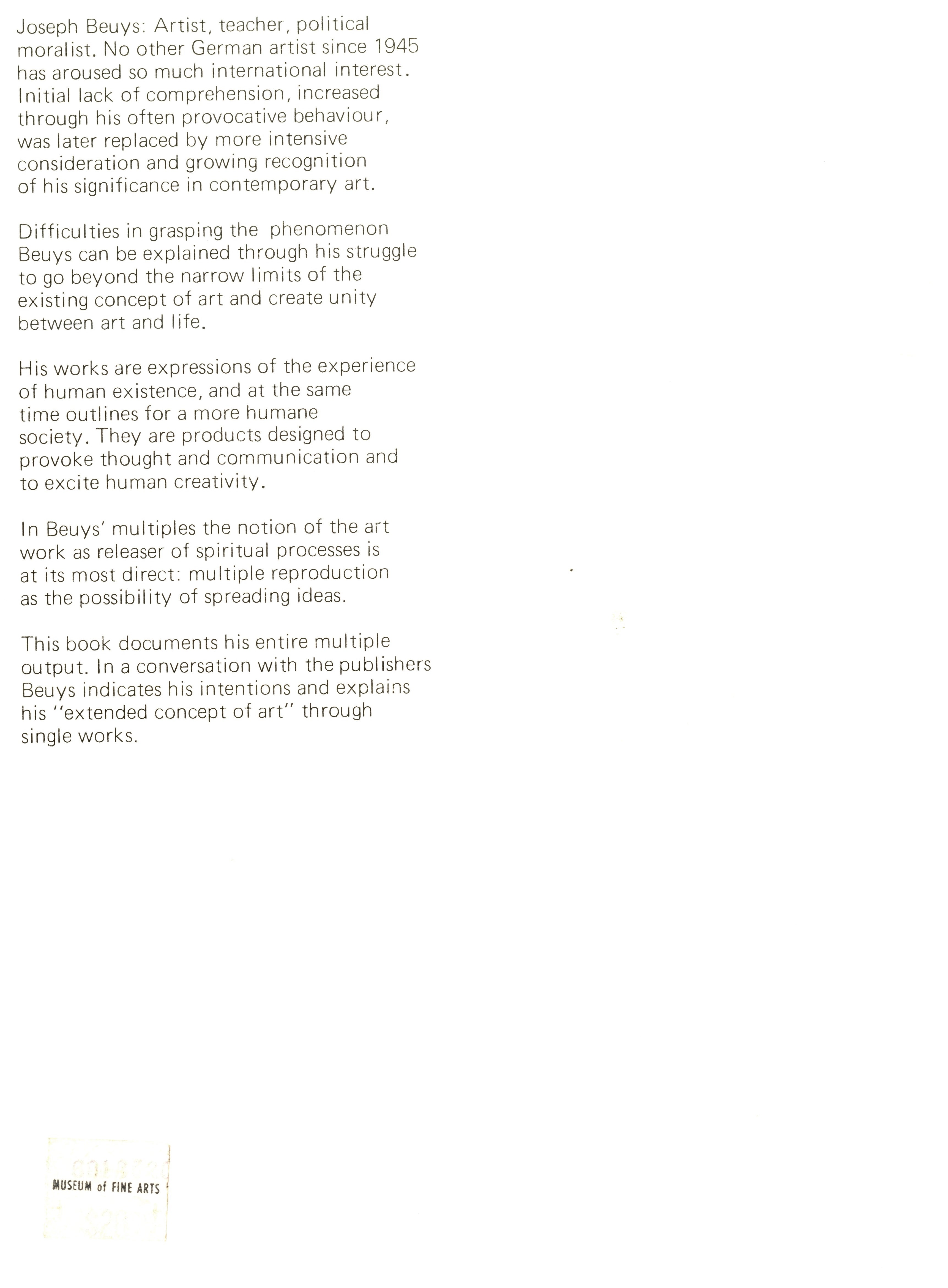 Back cover of the 1984 edition of “Joseph Beuys – Multiples,” showing publication data and academic layout.