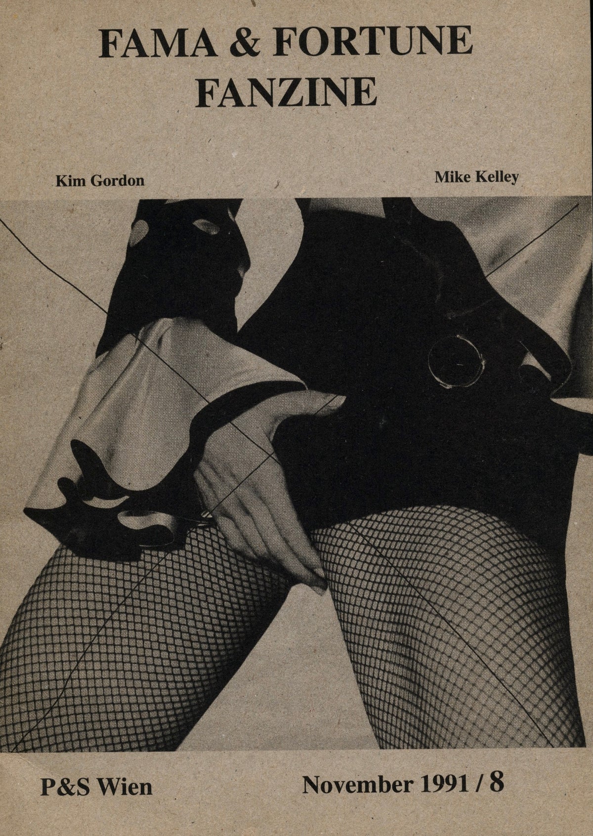 Cover of Fama & Fortune Fanzine No. 8, Kim Gordon and Mike Kelley, P&S Wien, November 1991, collage with fishnet stockings