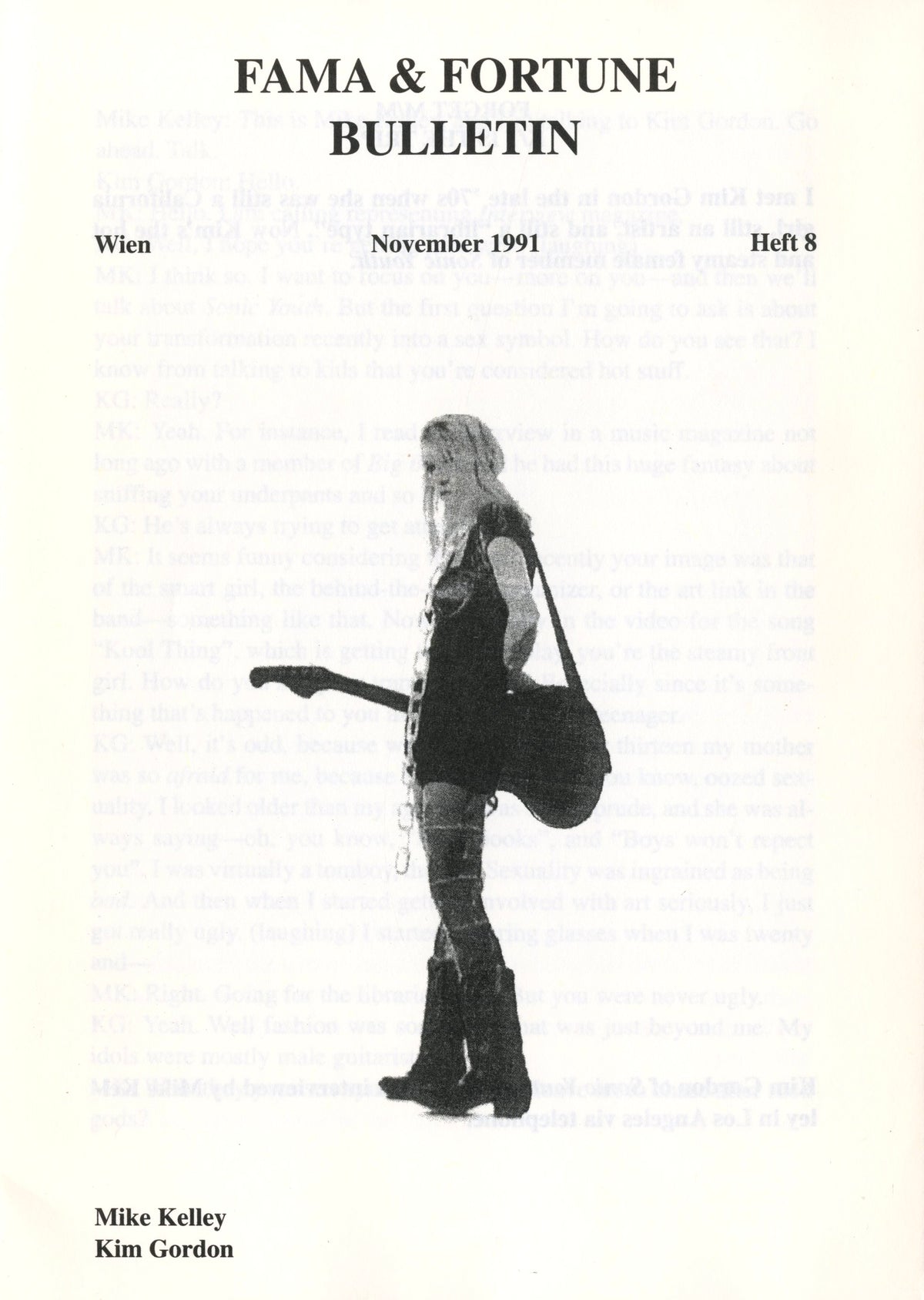 Title page of Fama & Fortune Bulletin, Wien, November 1991, Heft 8, with a standing figure carrying a guitar case.
