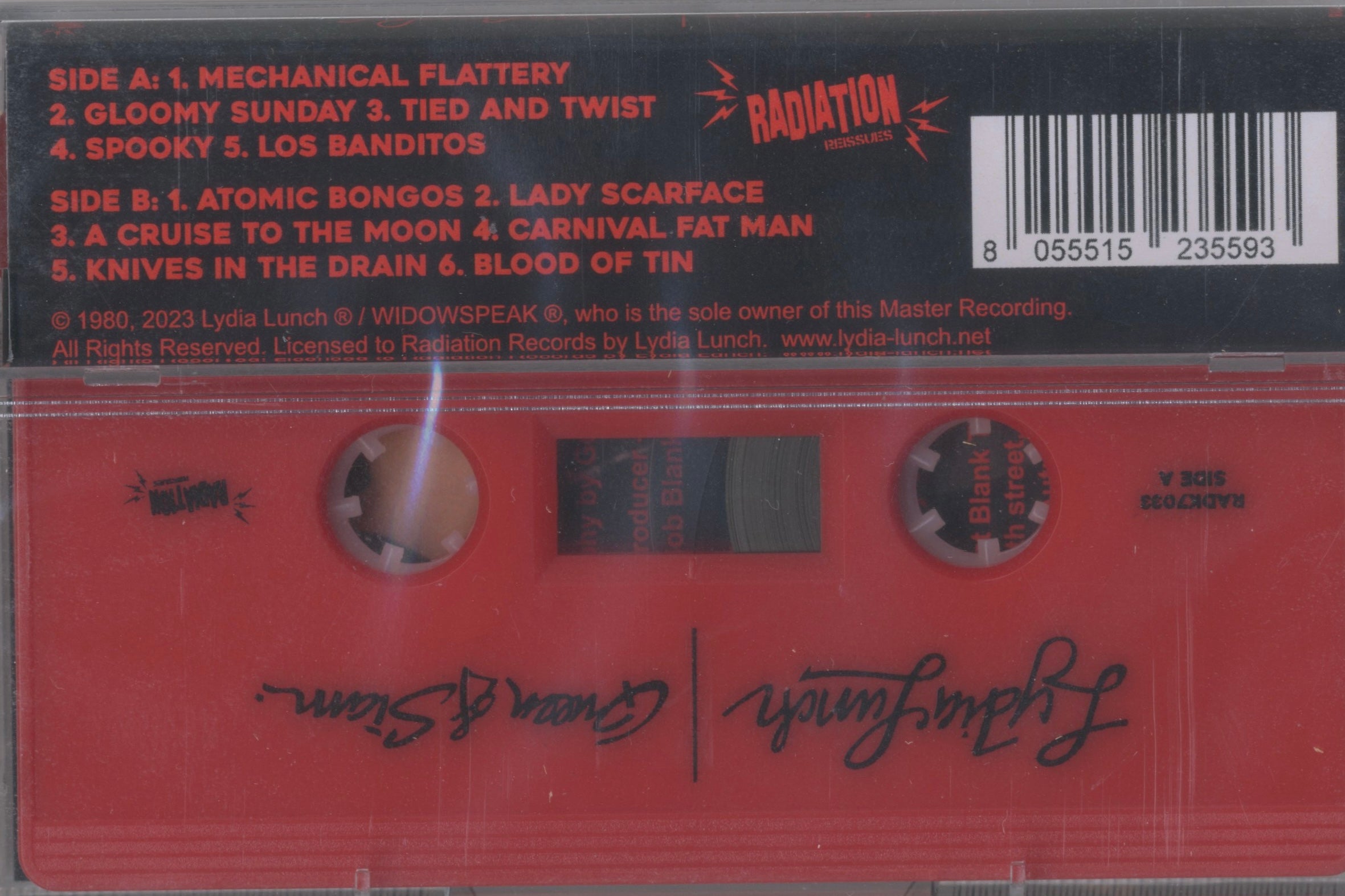 Back cover of Lydia Lunch’s Queen of Siam cassette, featuring tracklist and Radiation Records details, reissued in Italy in 2023.