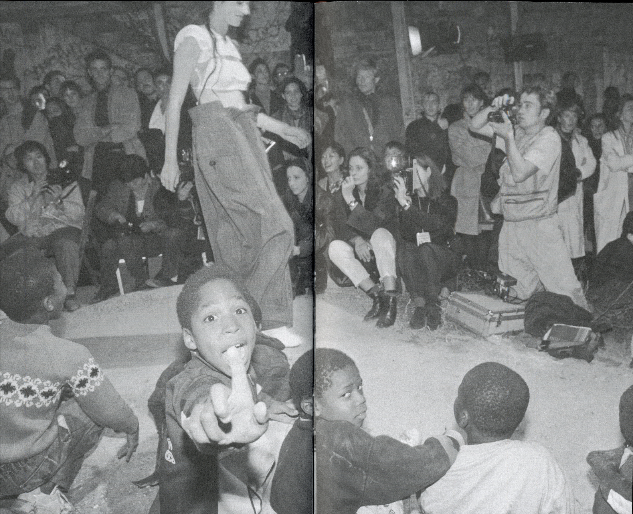 Martin Margiela 1989 Paris show children climbing wall runway moment.