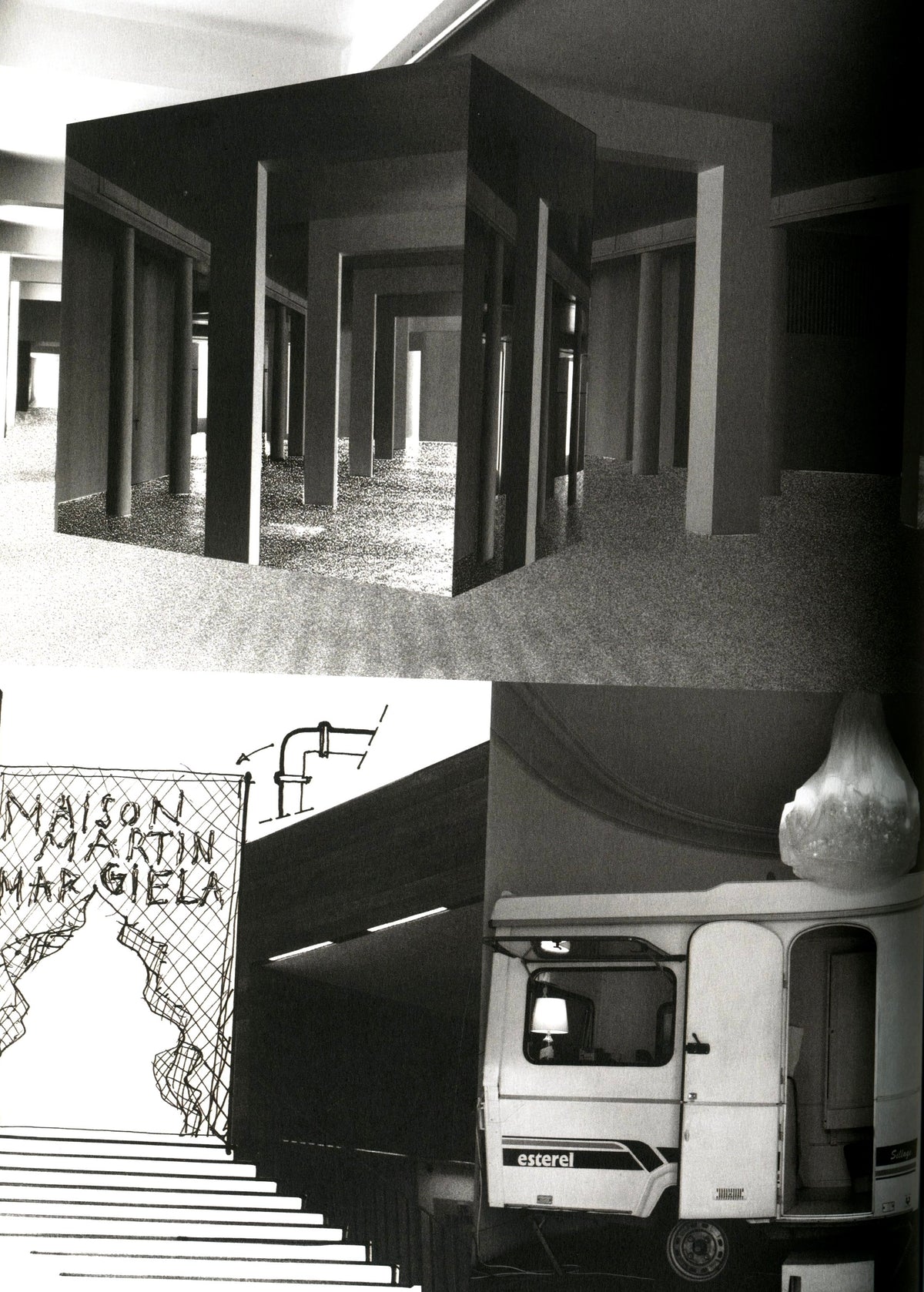 Collage of exhibition spaces with a model of the rooms and a white vehicle, Maison Martin Margiela ‘20’, MoMu.