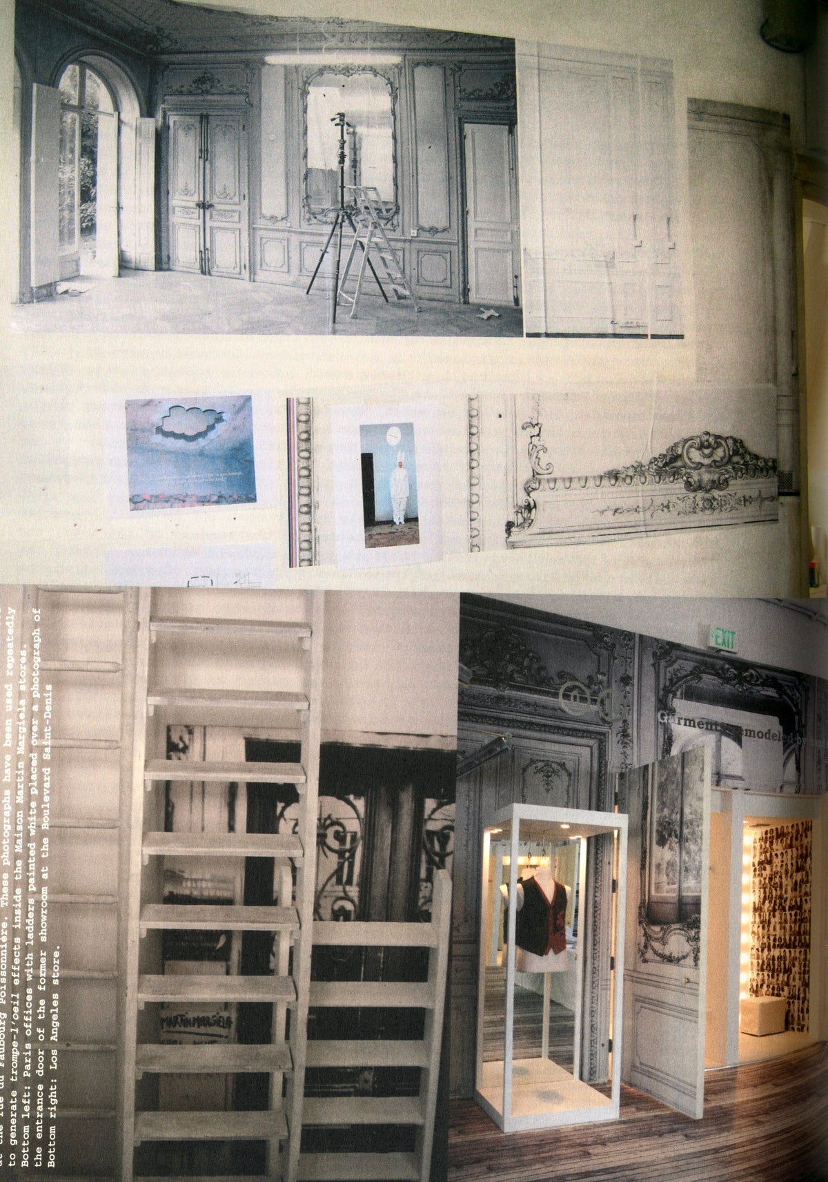 Collage of white interiors with a staircase, shelving and arched window, Maison Martin Margiela ‘20’ catalogue.