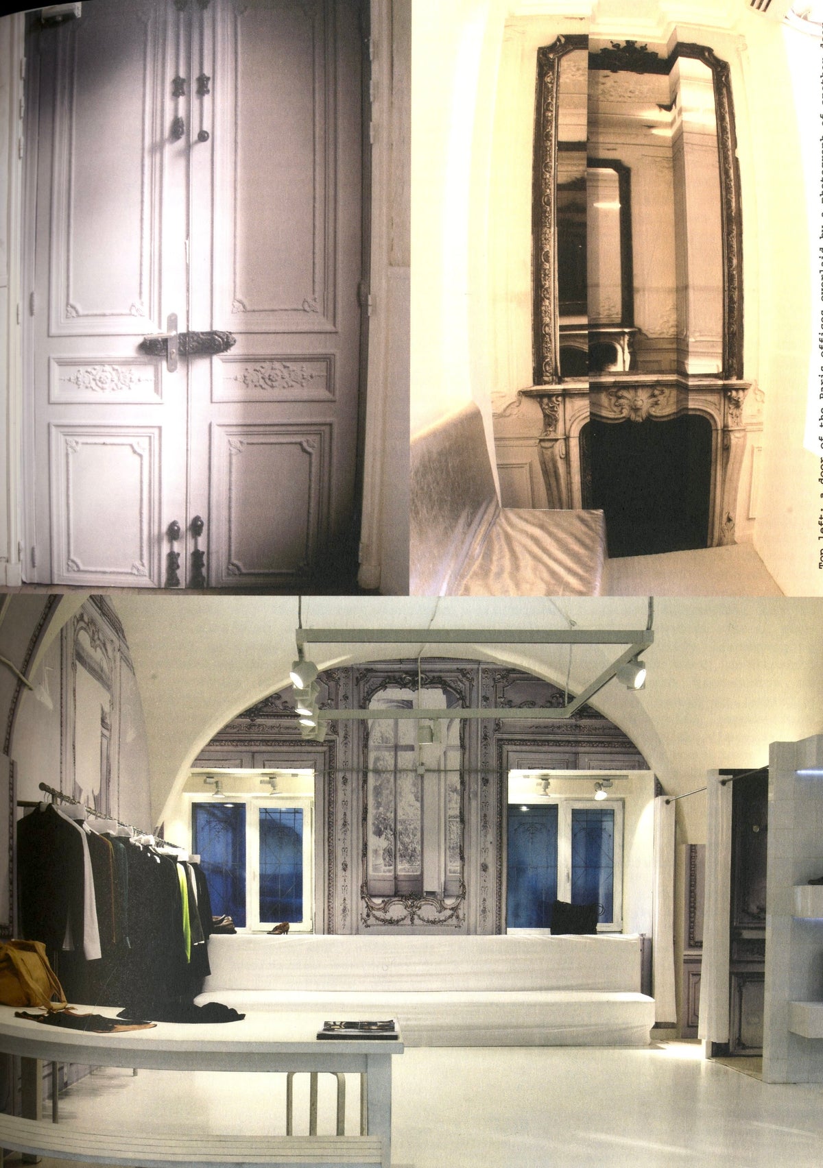 White interior with an ornate arched mirror and a clothing rail, Maison Martin Margiela ‘20’ The Exhibition.