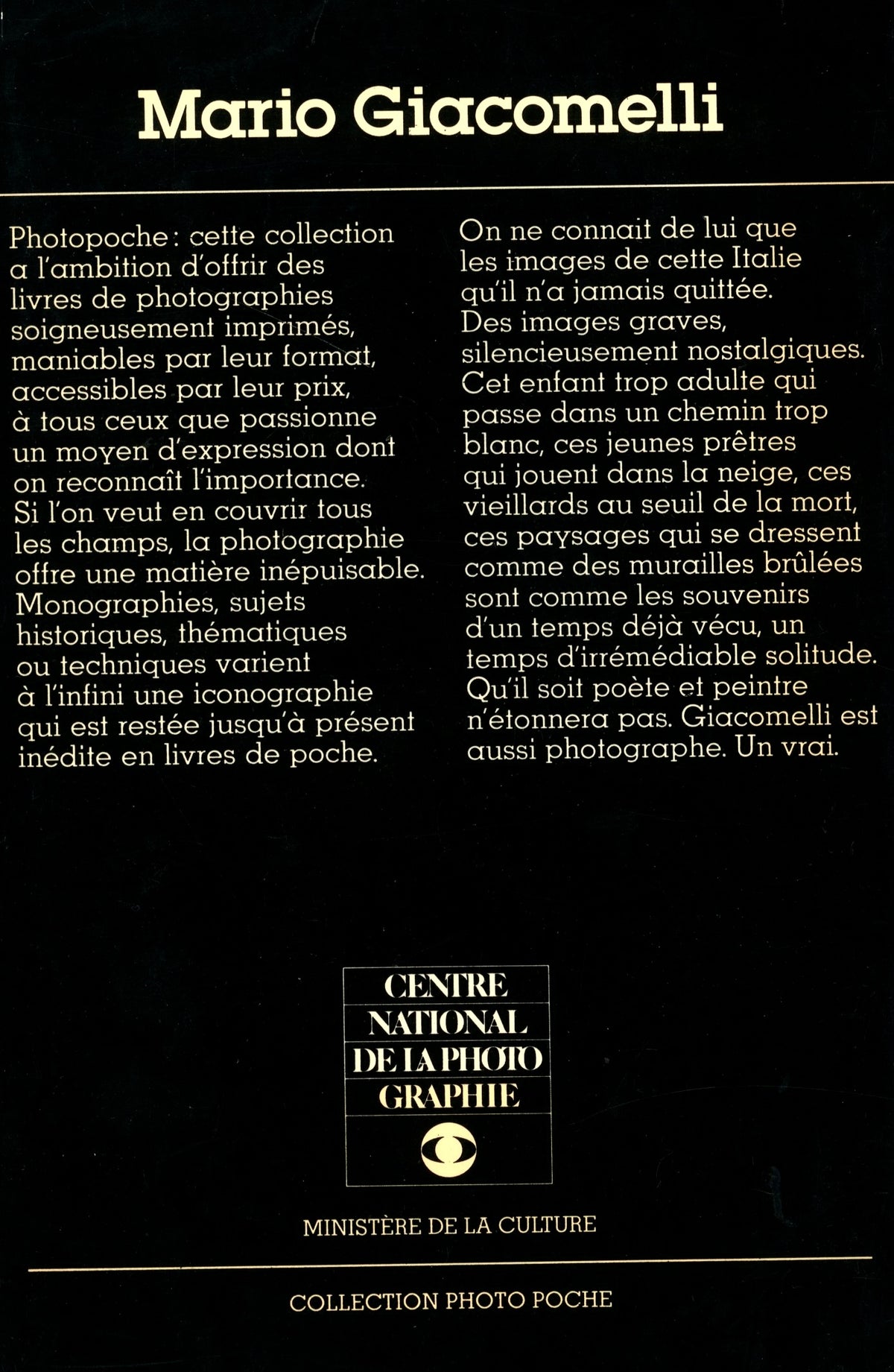 Back cover of Mario Giacomelli Photo Poche 19 with French text and Centre National de la Photographie logo.