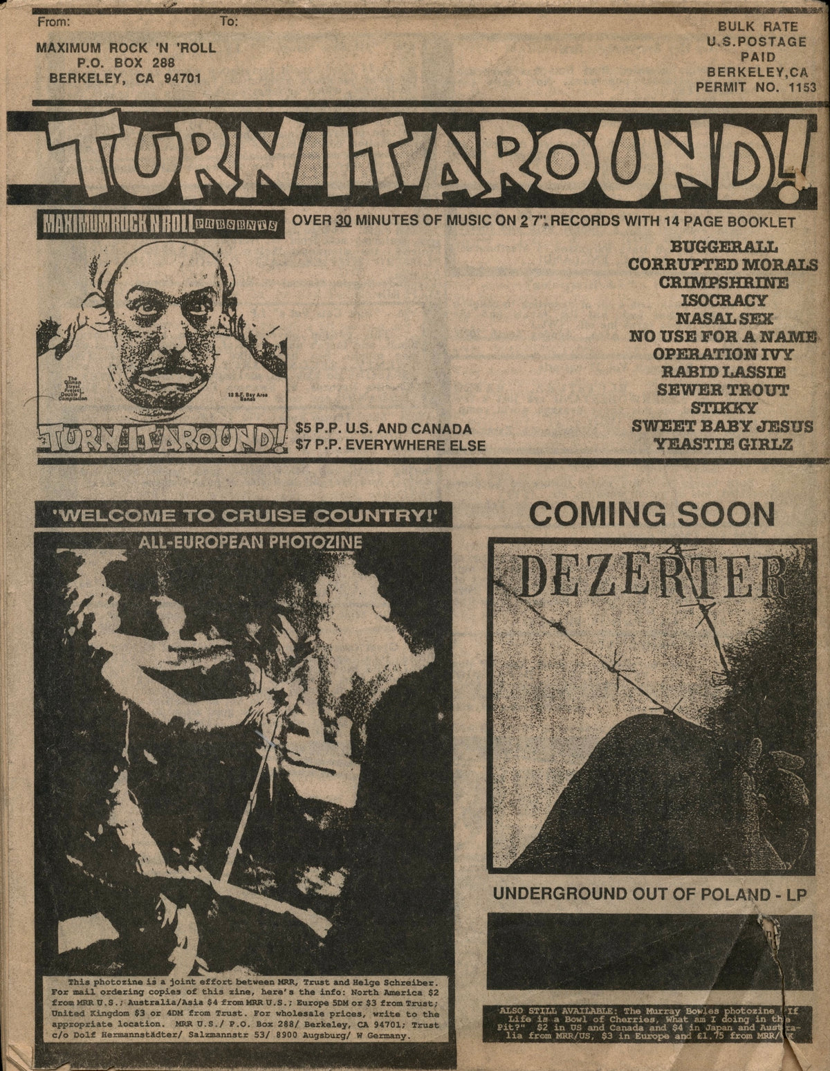 Back cover of Maximum Rocknroll No. 54 with the Turn It Around! compilation ad listing Operation Ivy, Crimpshrine and Isocracy, plus a Dezerter ad.