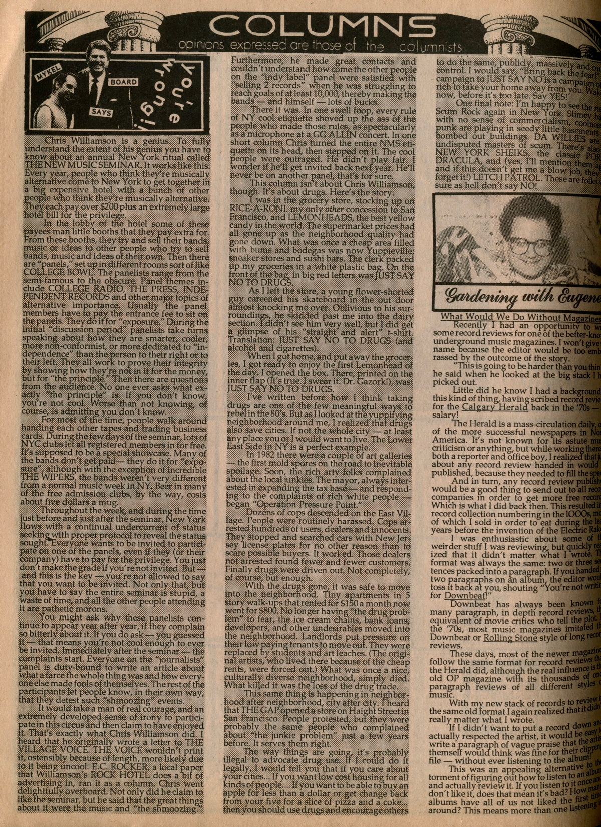 Columns section of Maximum Rocknroll No. 54, dense multi-column typewritten text page.