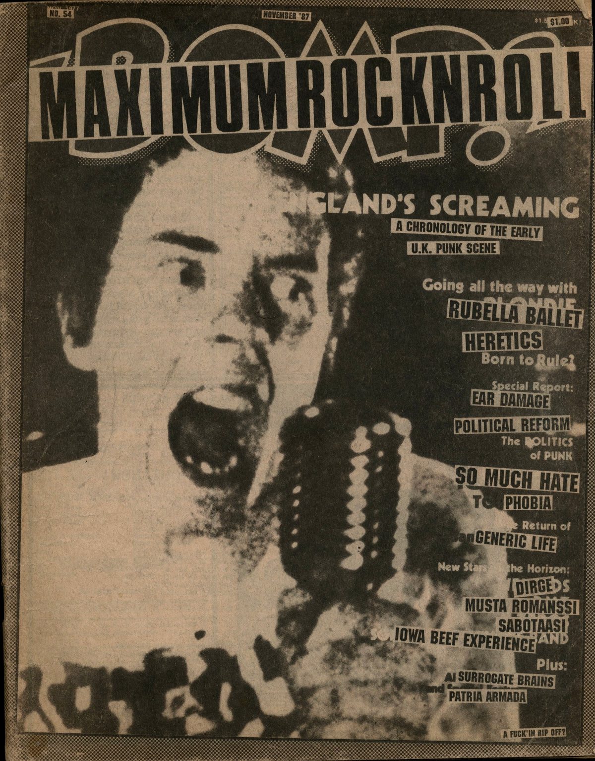 Maximum Rocknroll No. 54, November 1987, parody cover over the Bomp! logo with a screaming singer, "England's Screaming" early U.K. punk chronology.