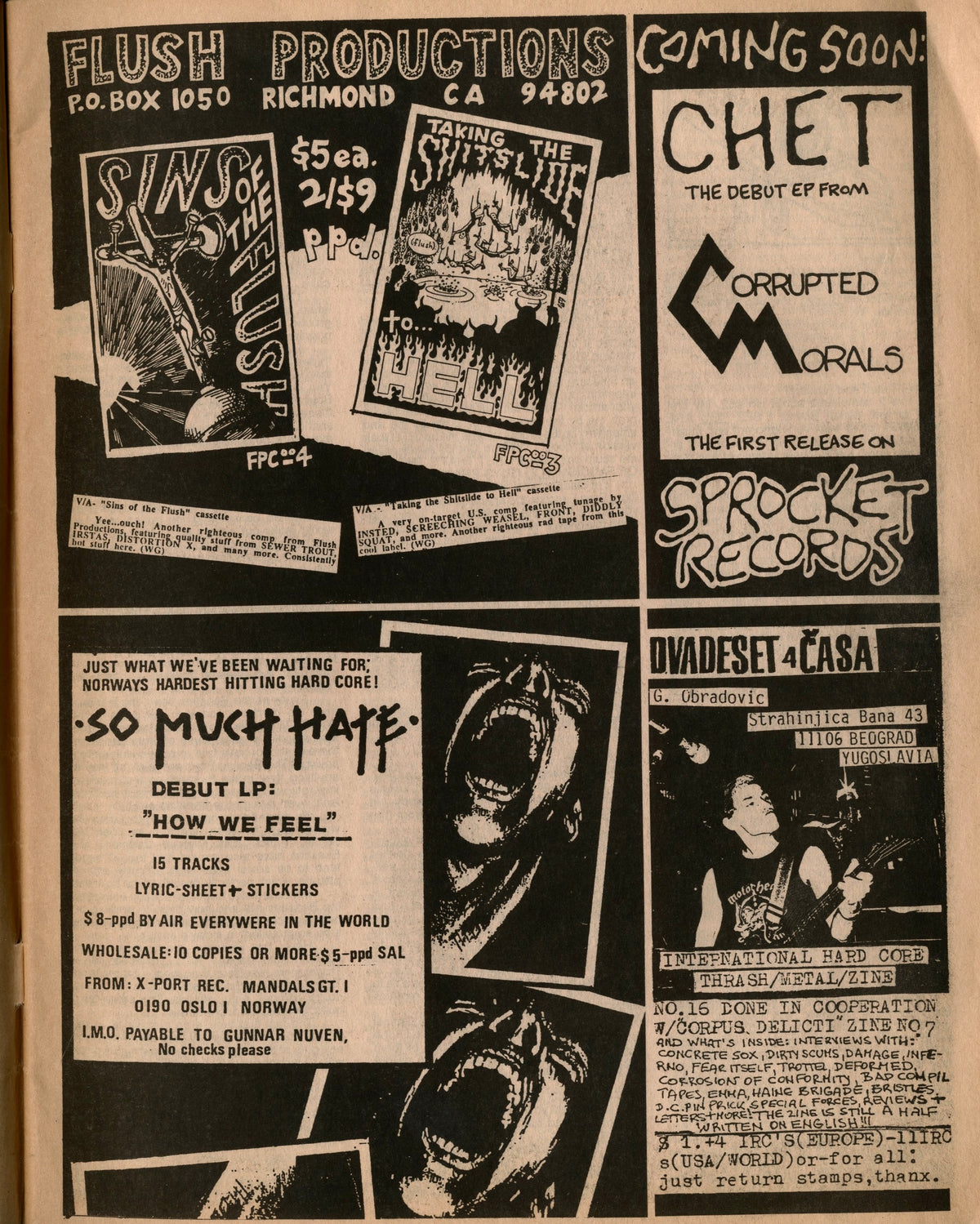 Interior ad page in Maximum Rocknroll No. 54 with label and band ads including Corrupted Morals and So Much Hate.