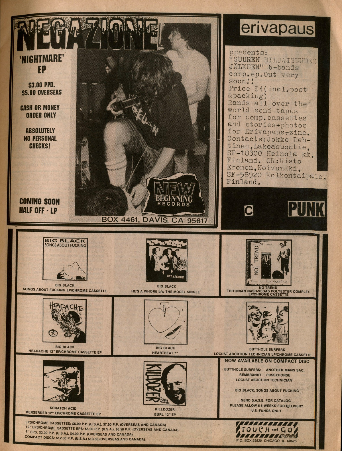 Grid of small record label and fanzine mail-order ads in Maximum Rocknroll No. 54, November 1987.