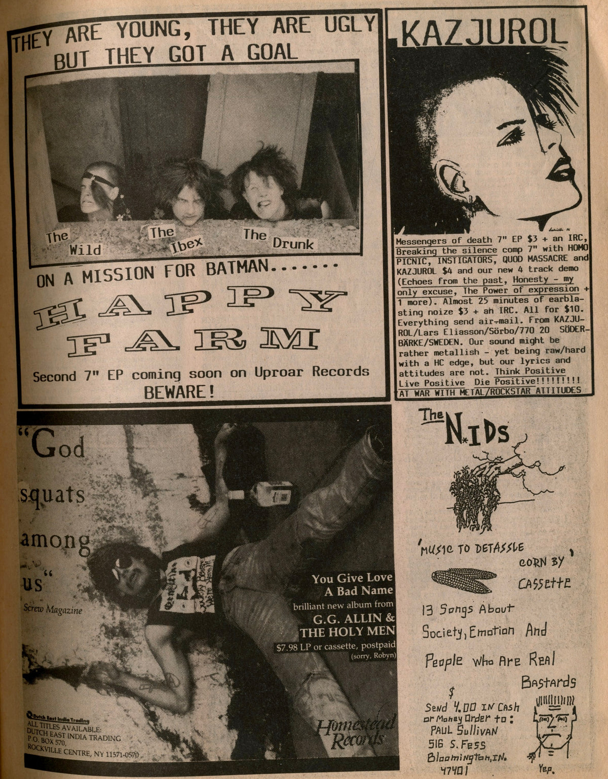 Interior page with "We are young" headline, black-and-white photos and a classified ad block, Maximum Rocknroll No. 54.