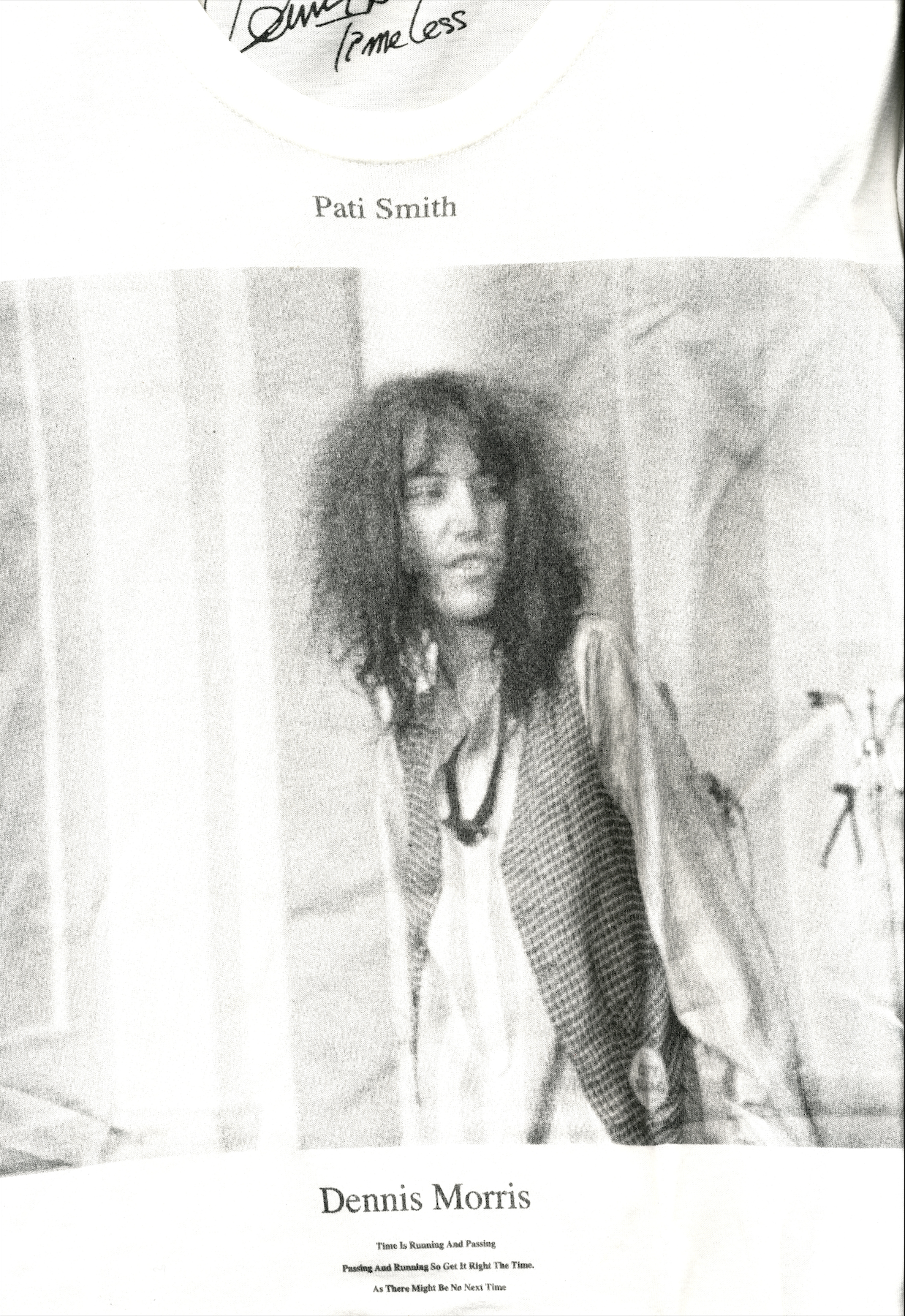 Front view of museum neu × Dennis Morris × Patti Smith T-shirt with iconic photo print.