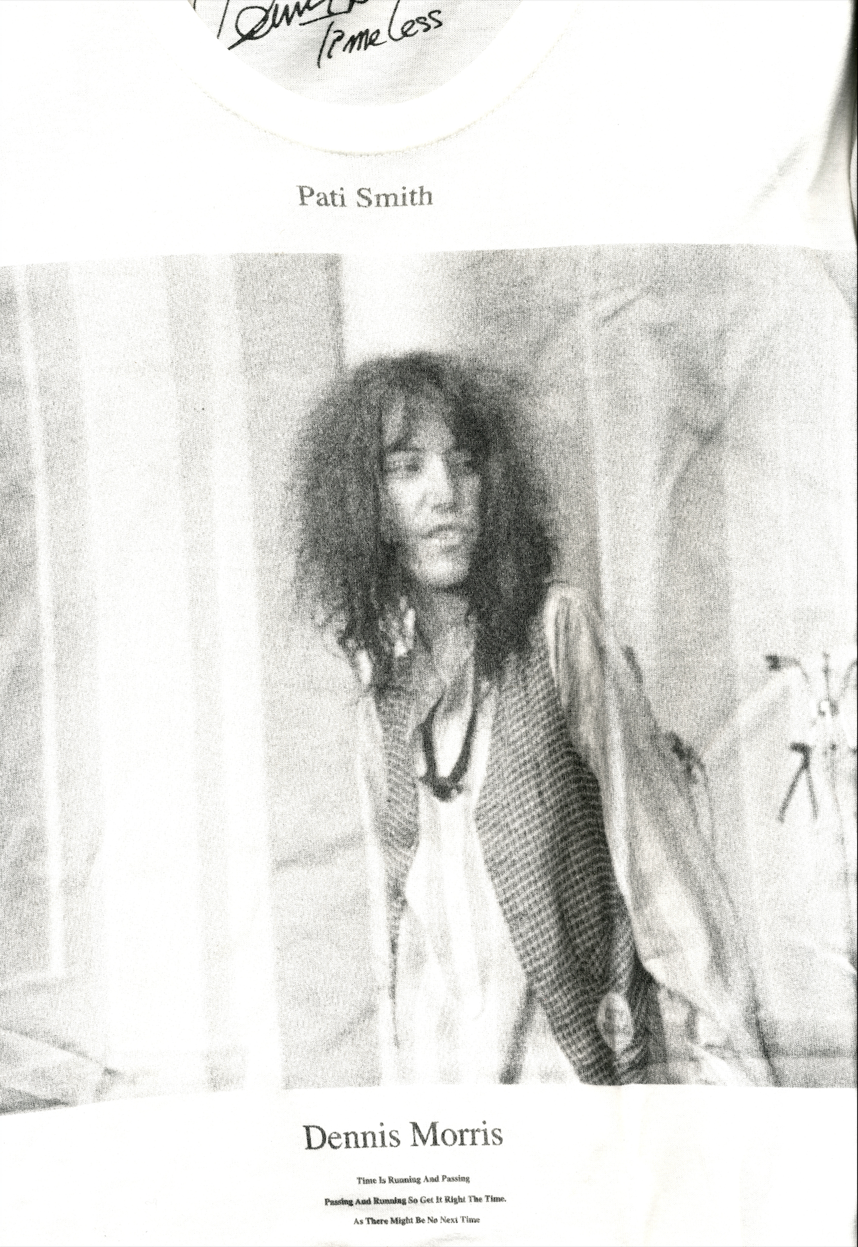 Front view of museum neu × Dennis Morris × Patti Smith T-shirt with iconic photo print.
