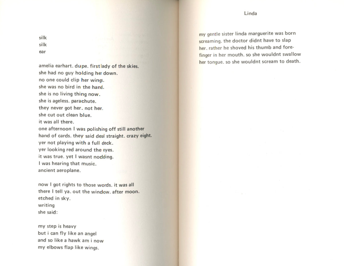 Interior spread of Patti Smith's Seventh Heaven with poem text, Telegraph Books 1972.
